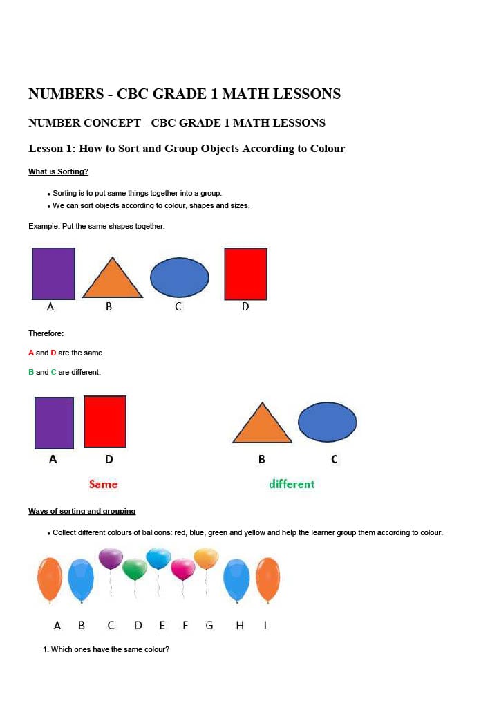 Grade 1 Rationalised Mathematics Notes Complete Term 1, 2 and 3