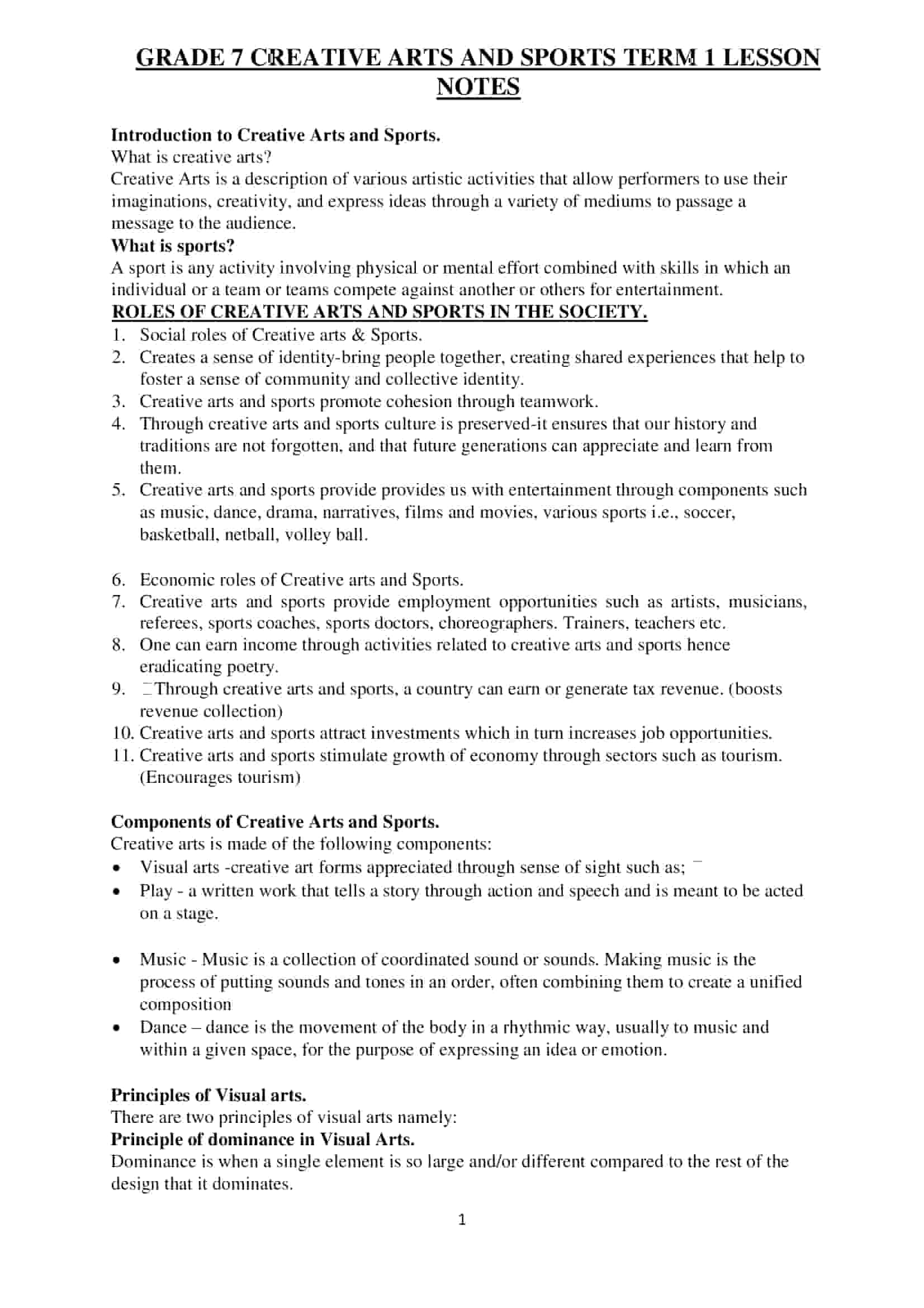 Grade 7 Rationalized Creative Arts and Sports Lesson Notes Term 1