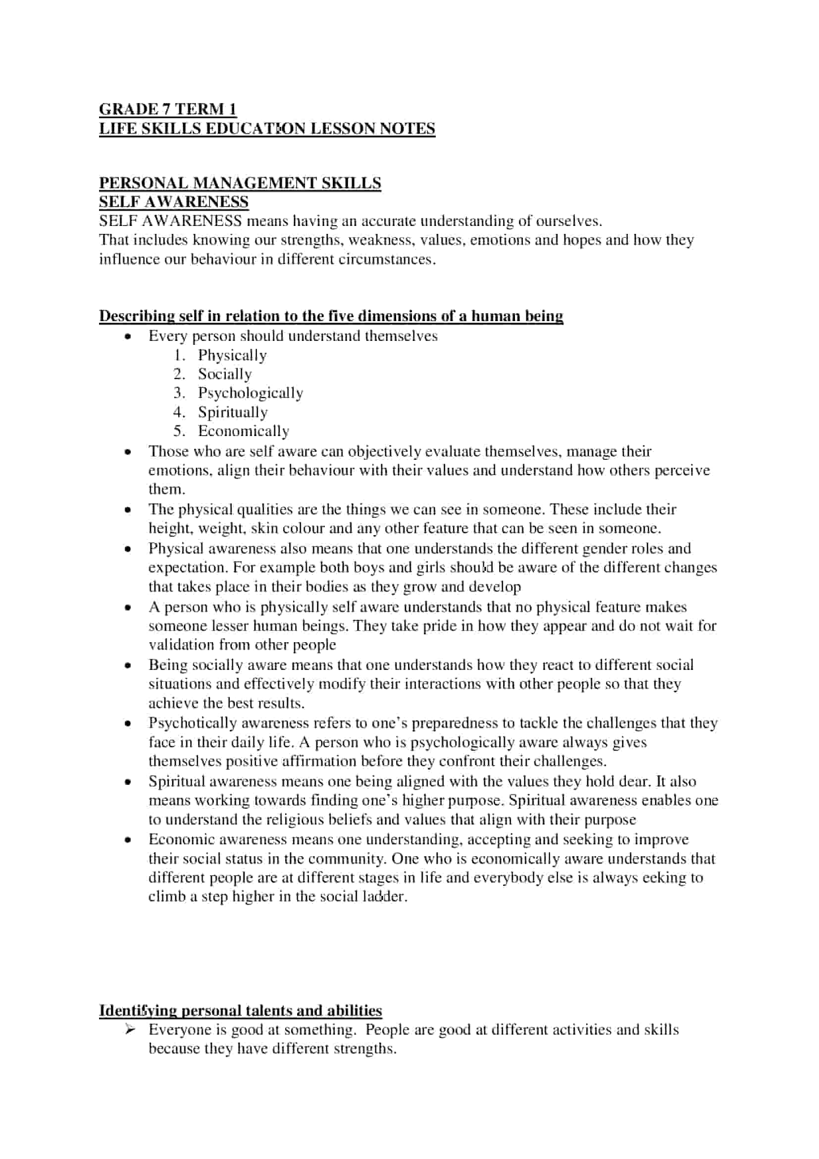 Grade 7 Life Skills Notes Term 1