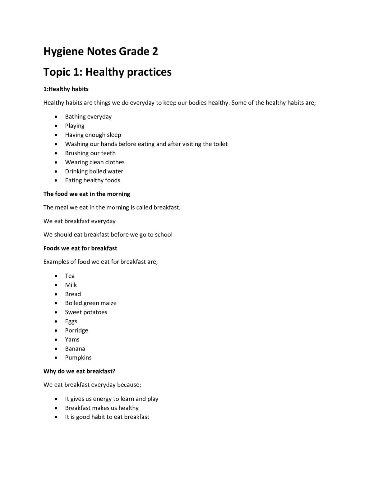 Grade 2 Hygiene and Nutrition term 1 Notes - Elimplex