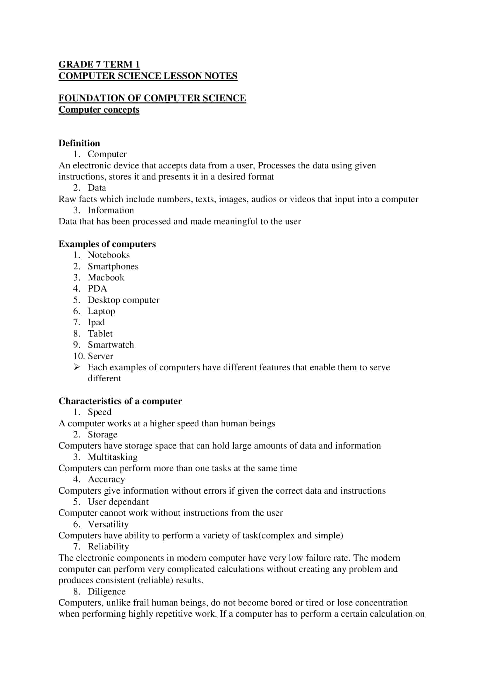 Grade 7 Computer Science Term 1 Notes