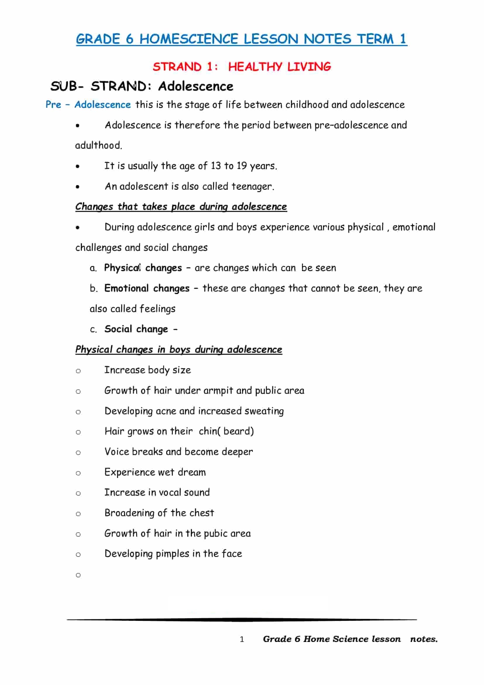 Grade 6 Home Science Lesson Notes Term 1