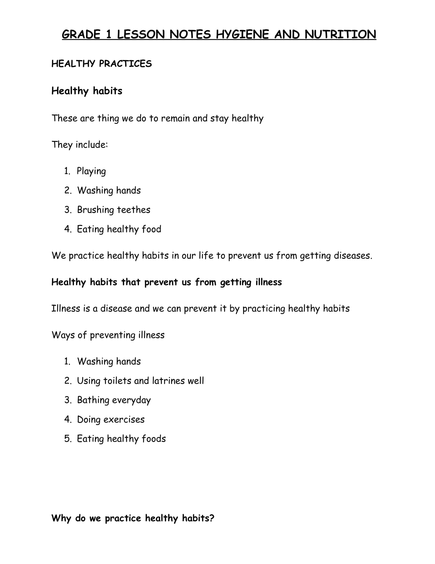 Grade 1 Hygiene and Nutrition Lesson Notes 2024