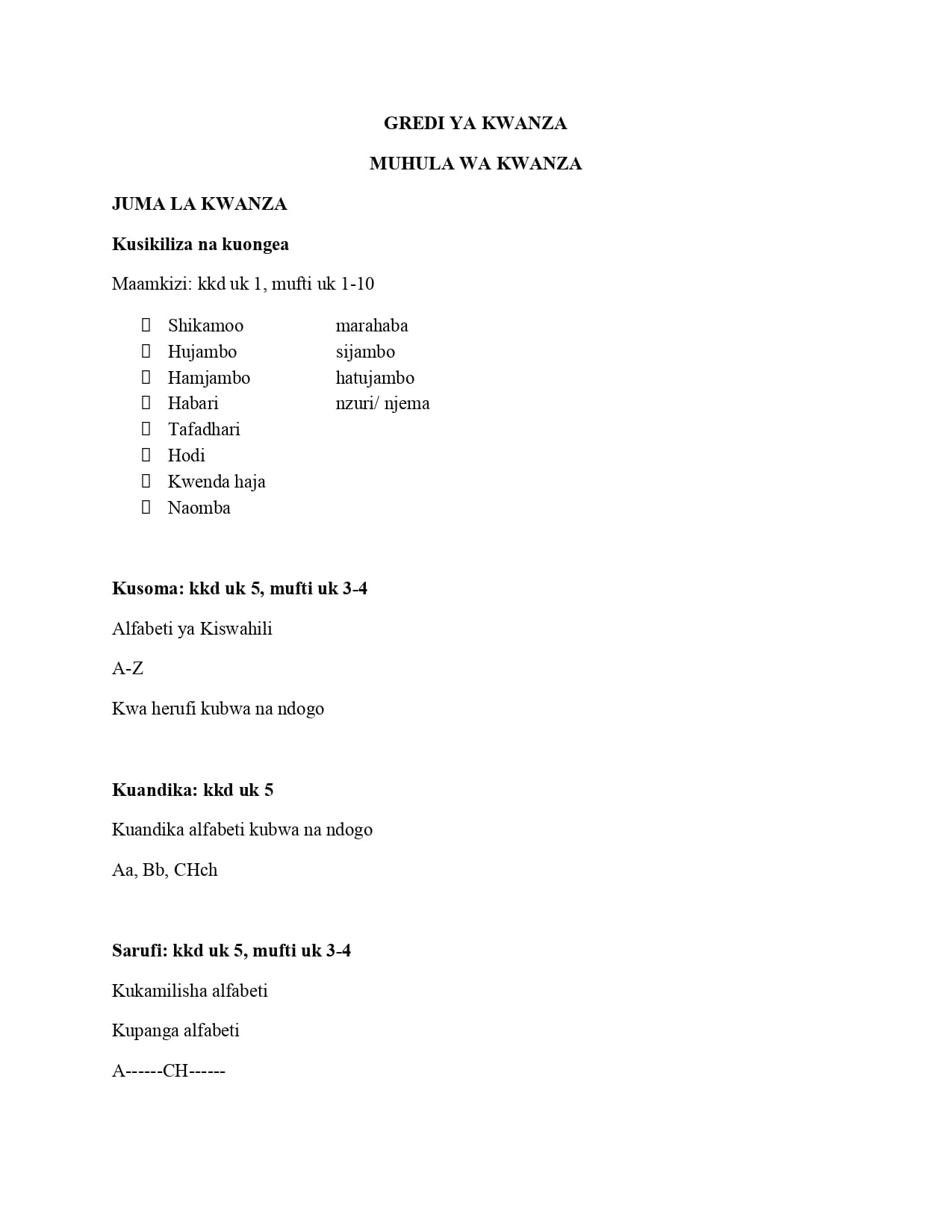 Grade 1 Kiswahili Notes