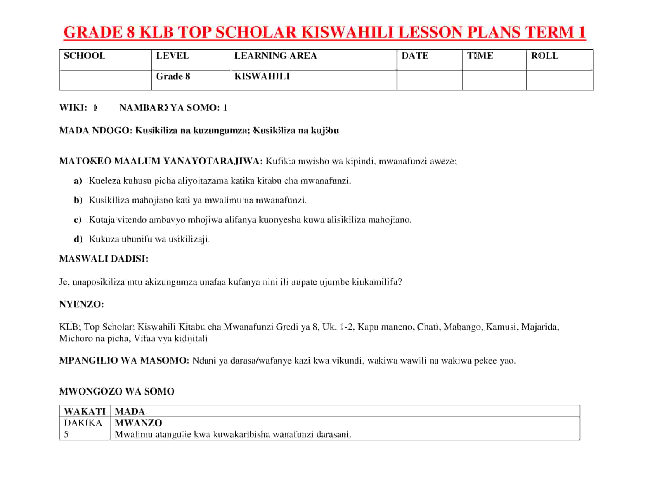 Grade 8 Kiswahili Lesson Plans Term 1