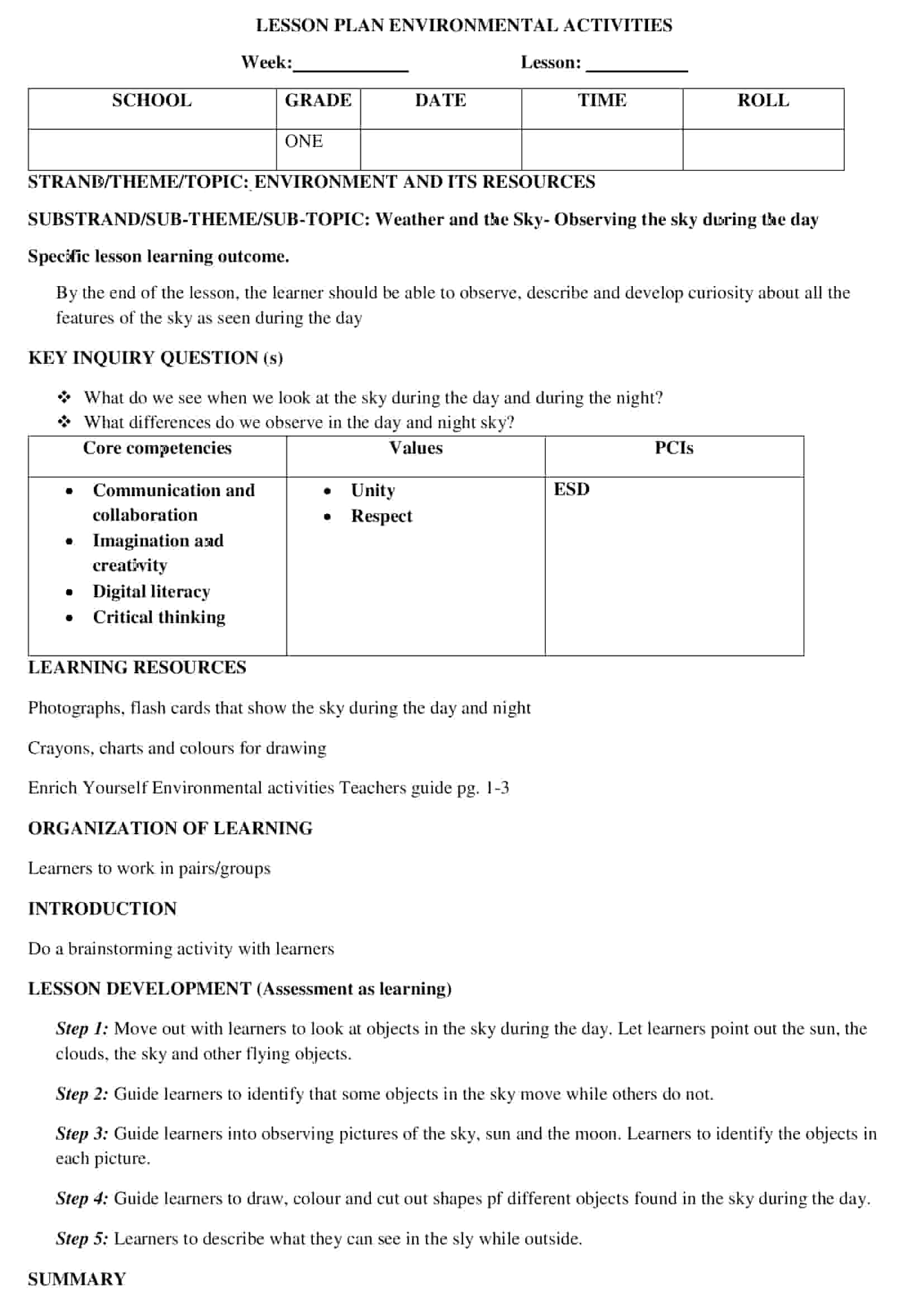 Grade 1 Rationalised Environmental Activities Lesson Plans Term 1