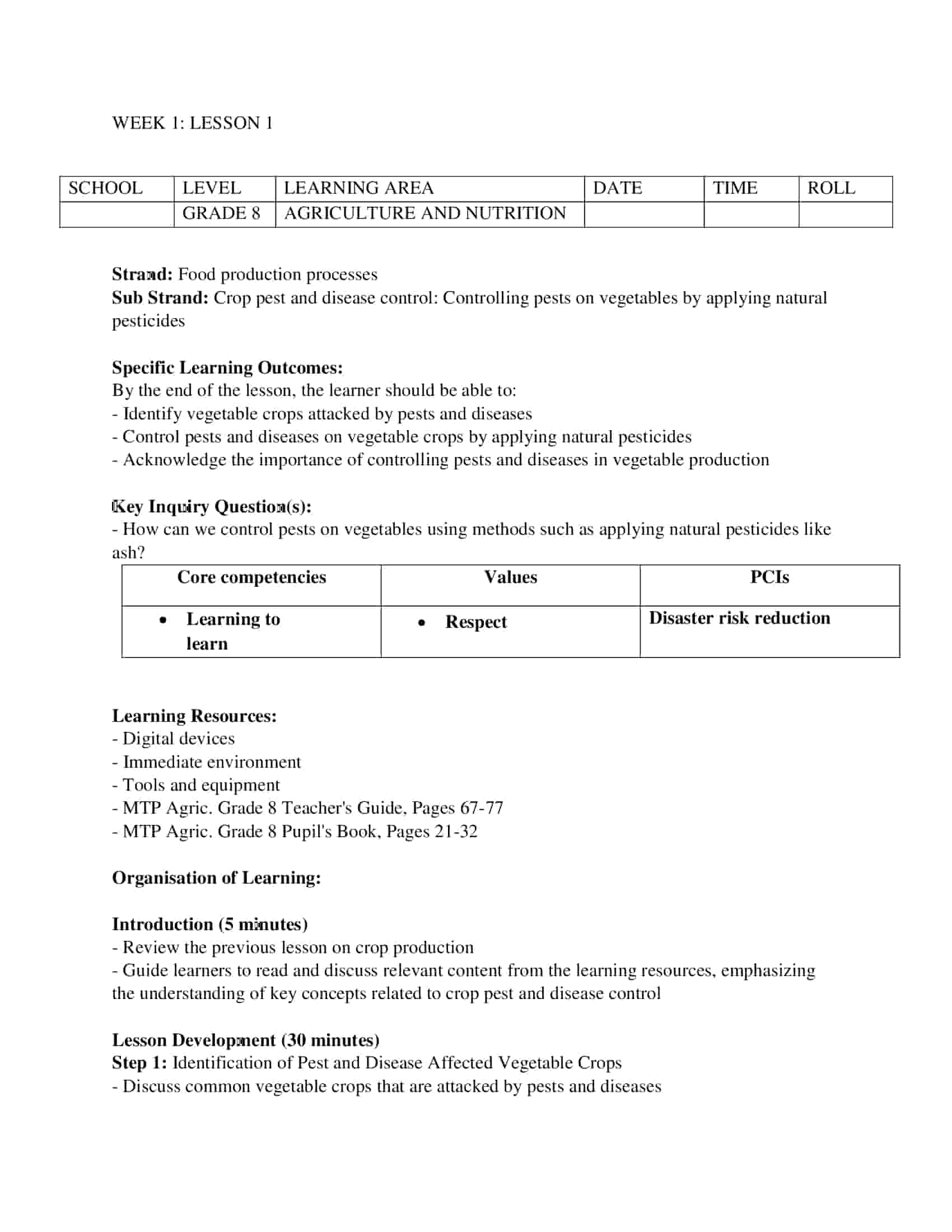 Grade 8 Rationalised Agriculture and Nutrition Lesson Plans Term 2