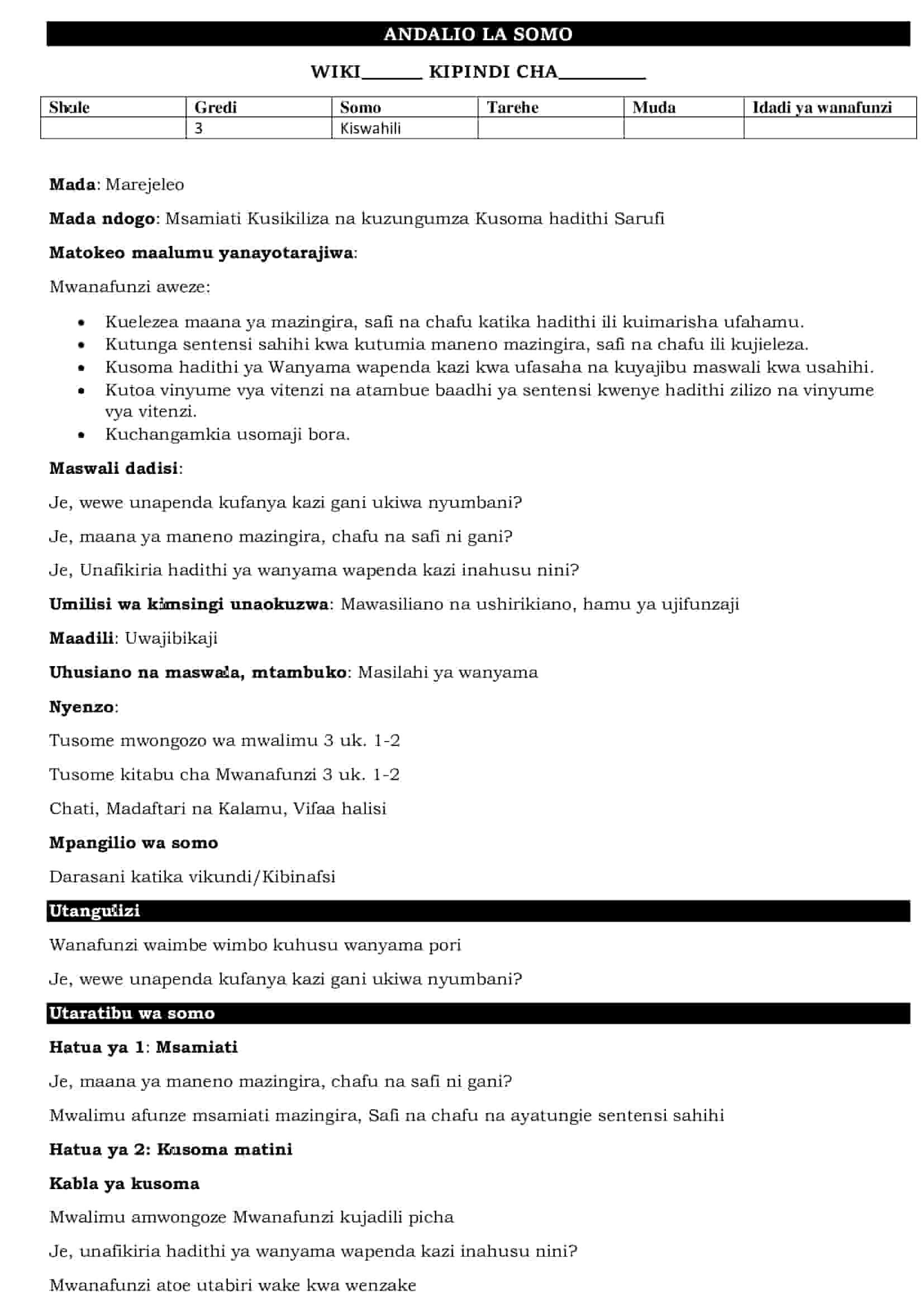 Grade 3 Kiswahili Lesson Plans Term 1
