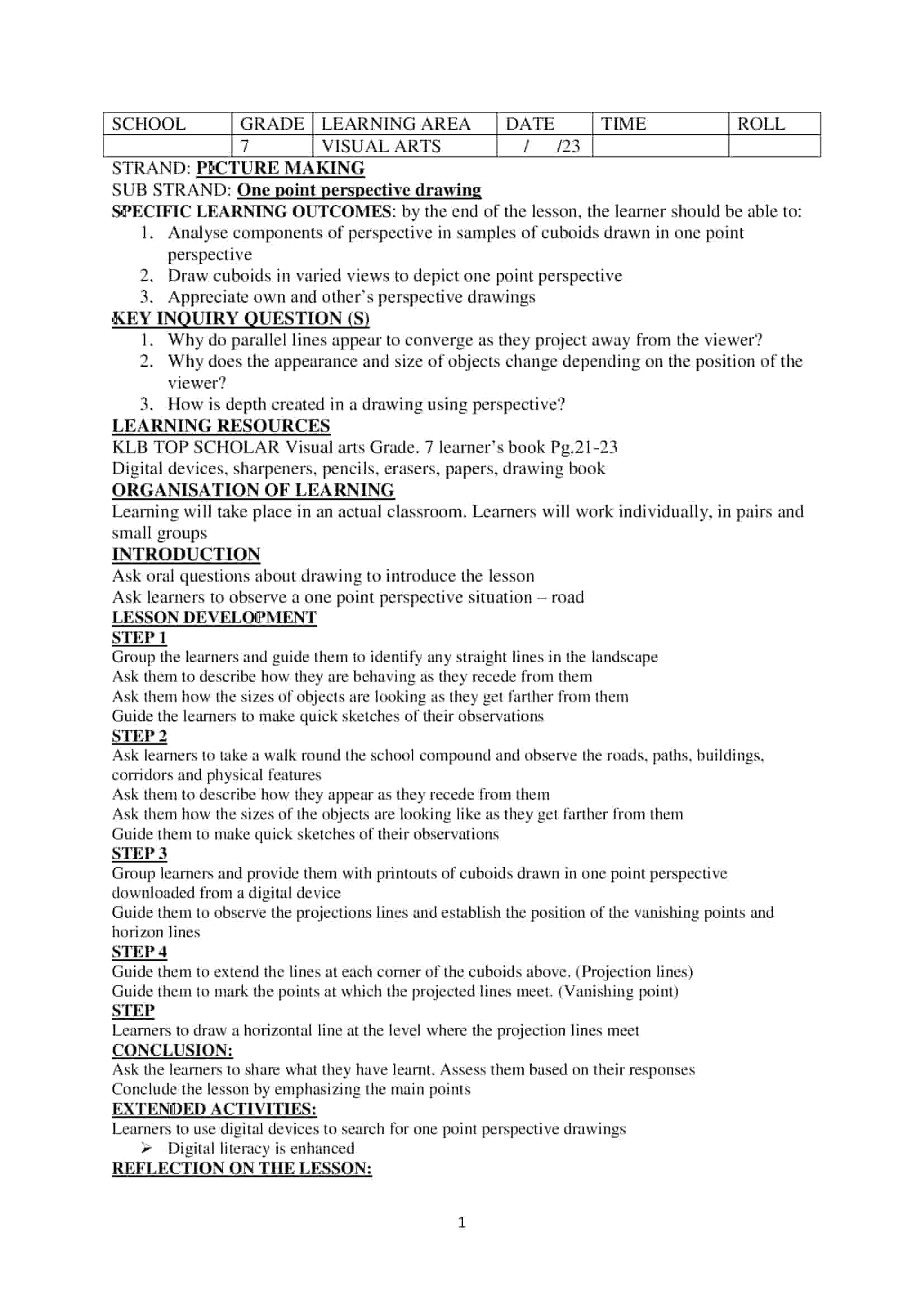 Grade 7 Visual Arts Lesson Plans Term 2