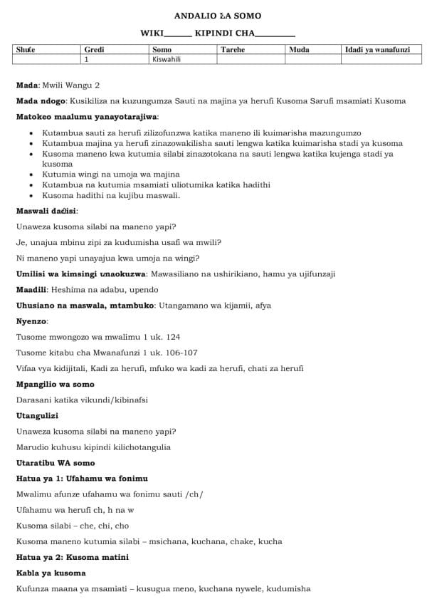 Grade 1 Kiswahili Lesson Plans Term 2 - Elimplex