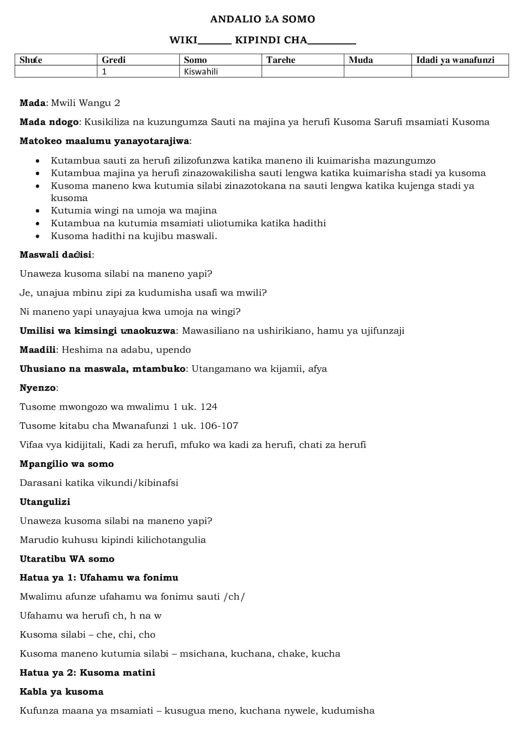 Grade 1 Kiswahili Lesson Plans Term 2