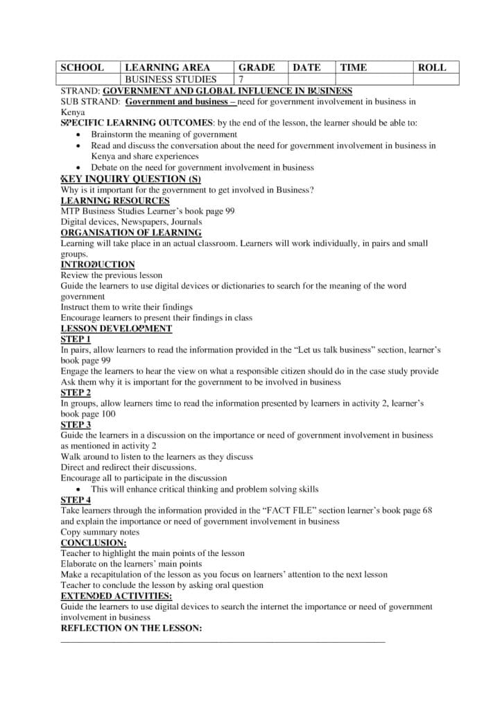 Grade 7 Business Studies Lesson Plan Term 3 - Elimplex