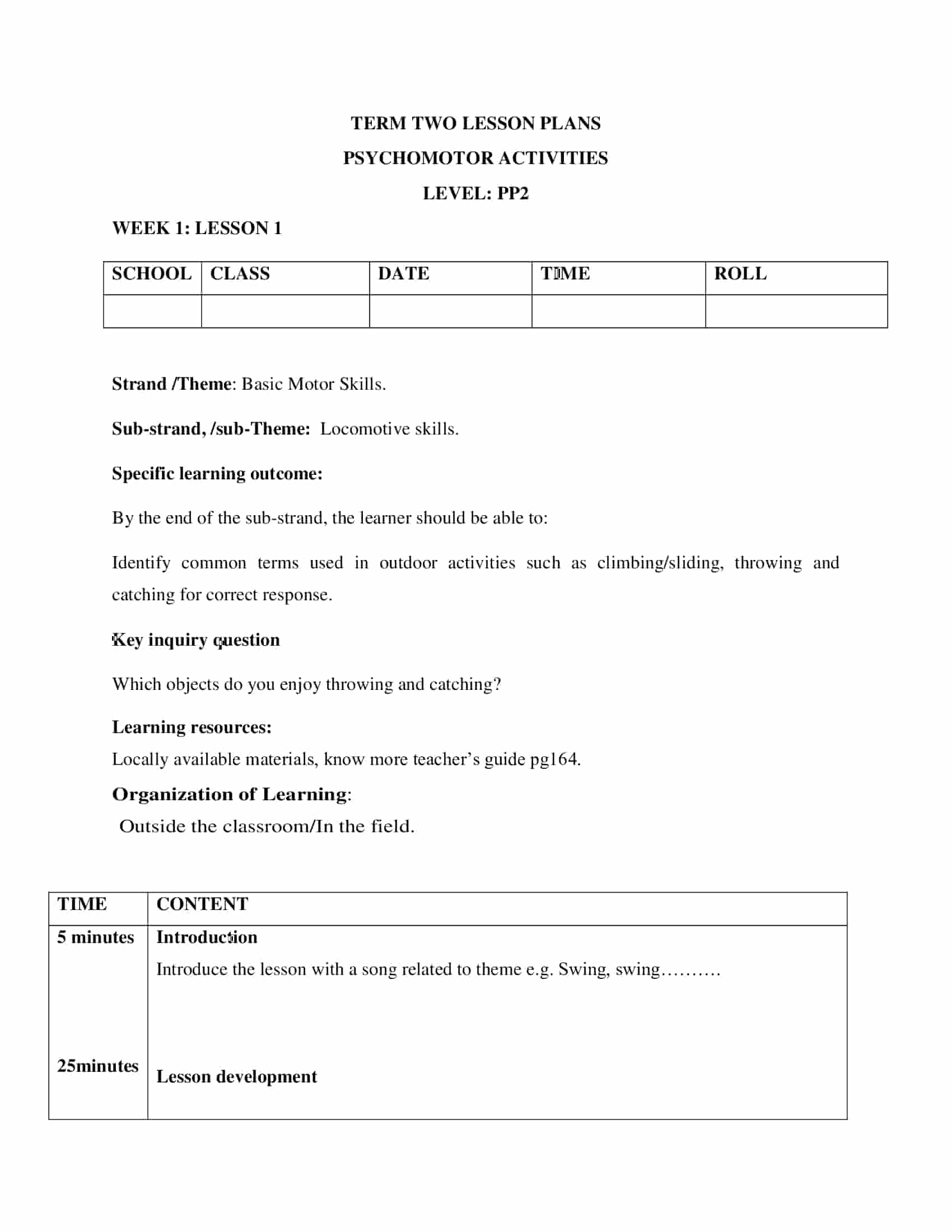 PP2 Psychomotor Activities Lesson Plans Term 2
