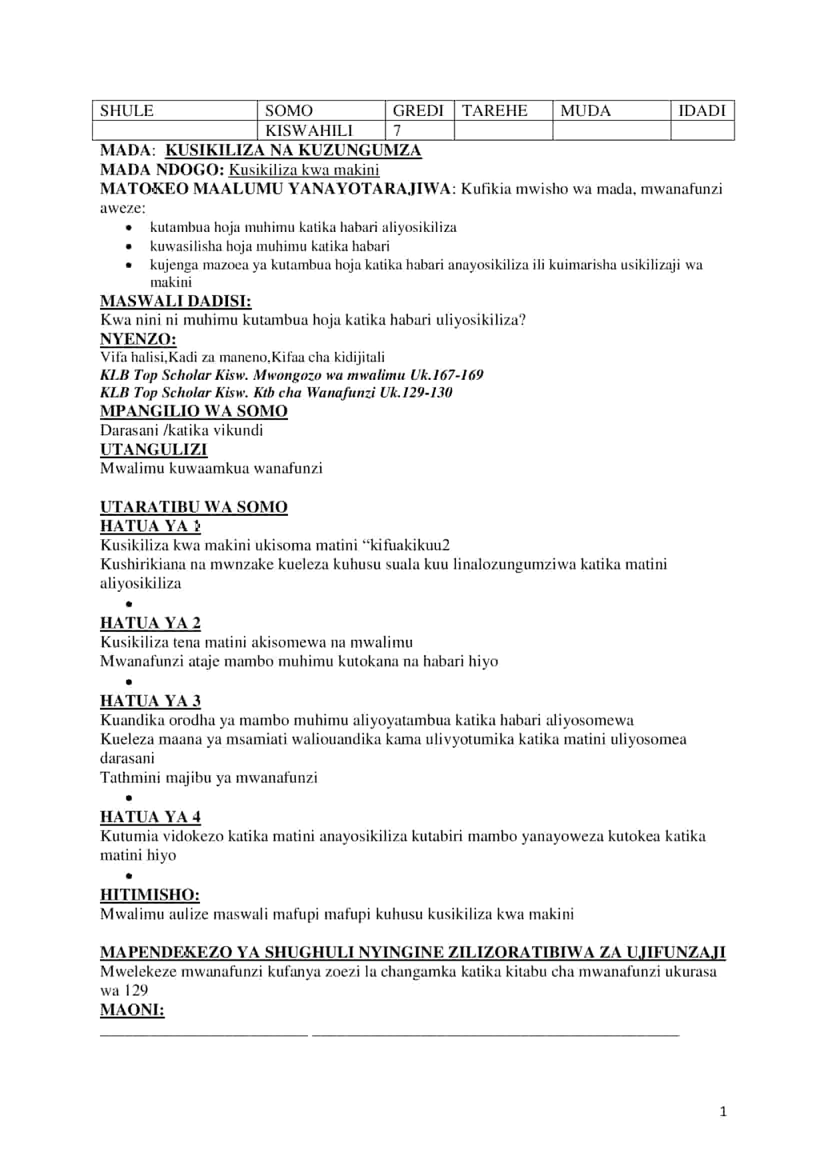 Grade 7 Kiswahili Lesson Plans Term 3