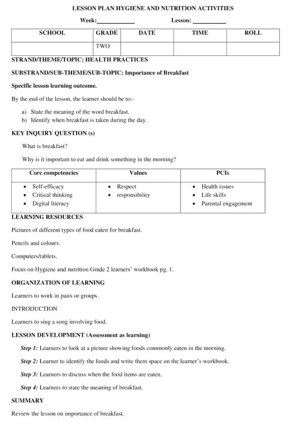 Grade 2 Hygiene and Nutrition Lesson Plans Term 1,2&3 - Elimplex