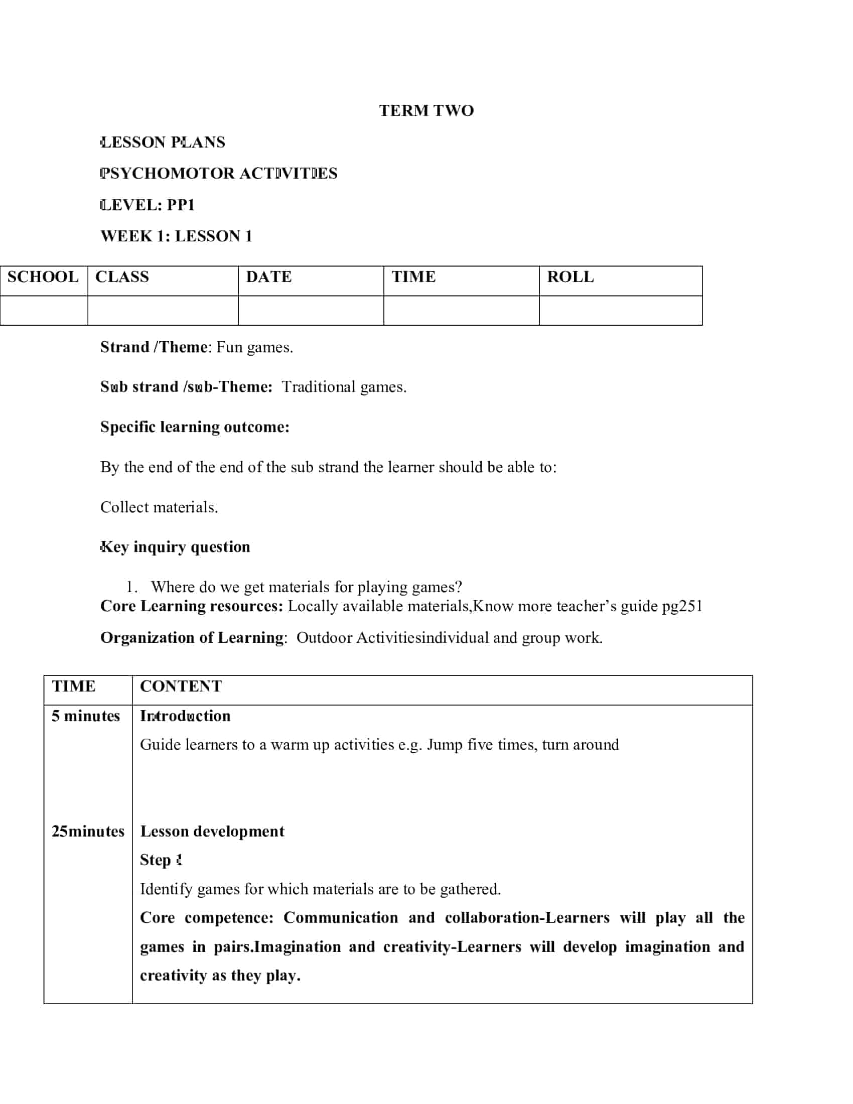 PP1 Psychomotor Activities Lesson Plans Term 2