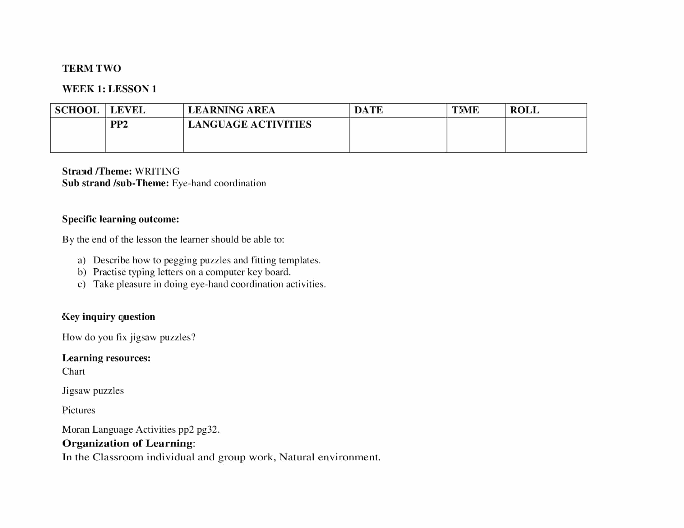 PP2 Rationalized Language Activities Lesson Plans Term 2