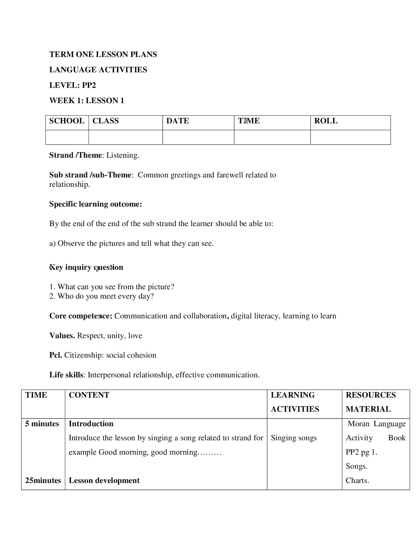 PP2 Rationalized Language Activities Lesson Plans Term 1