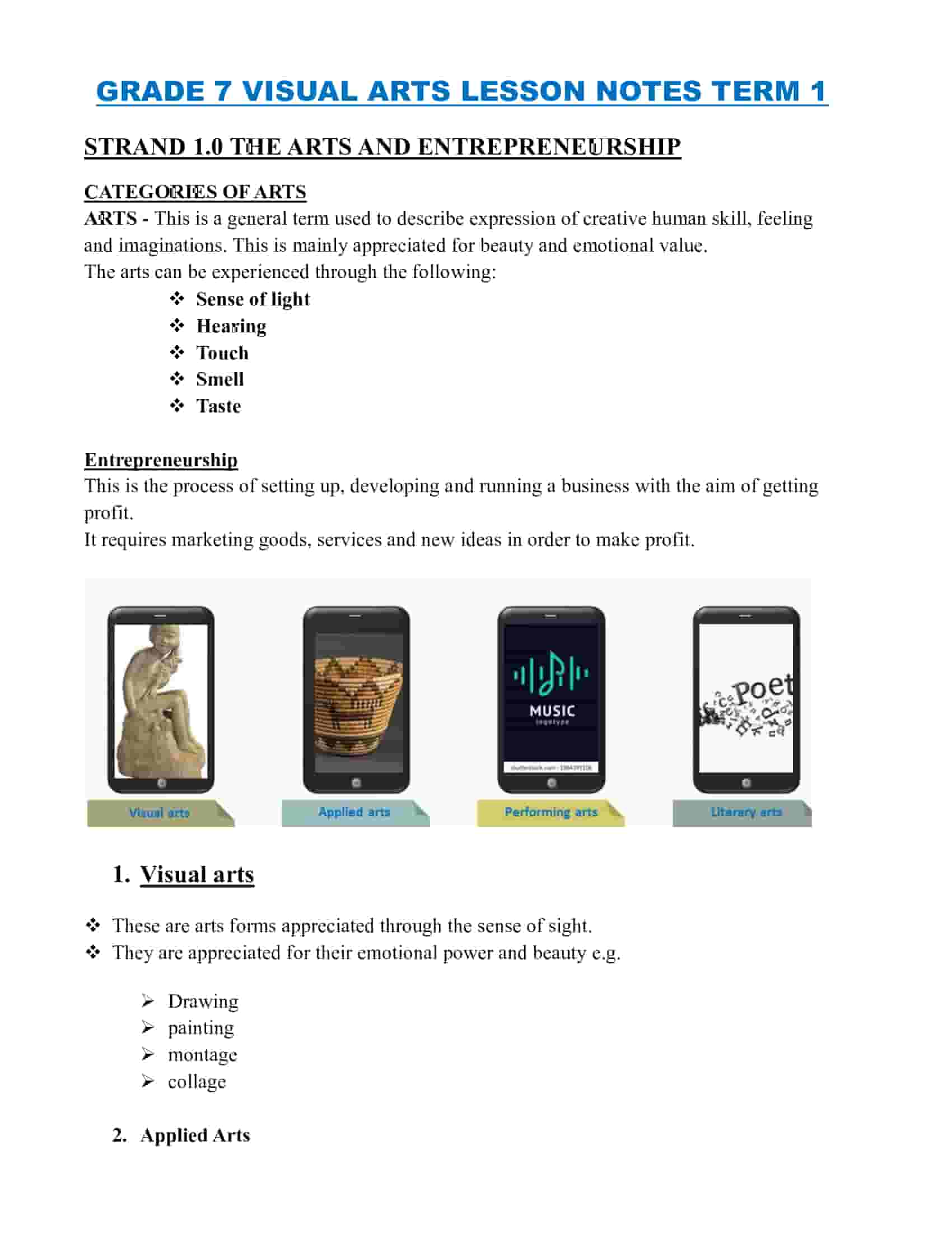 Grade 7 Visual Arts Lesson Plans Term 1