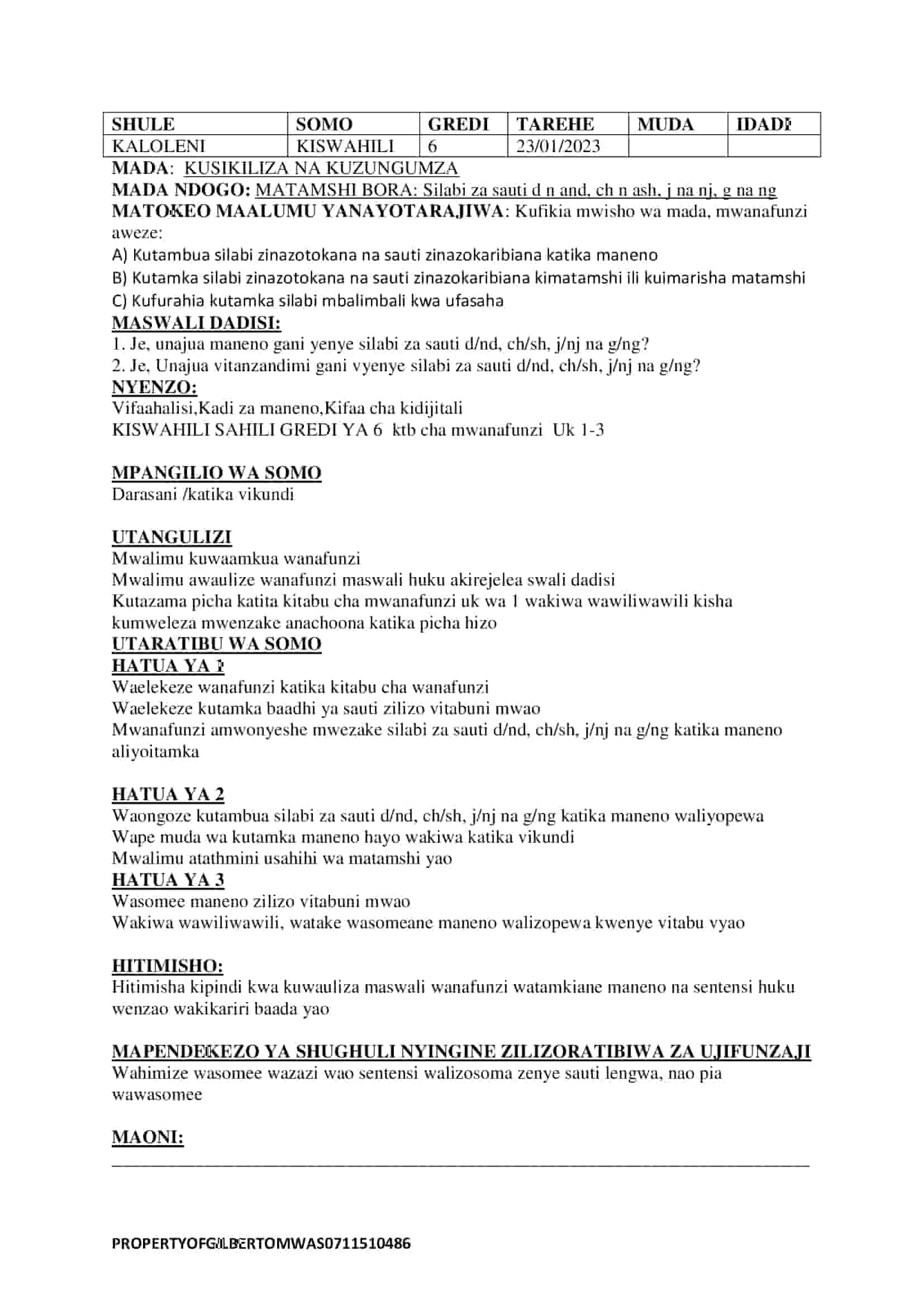 Grade 6 Kiswahili Lesson Plans Term 1, 2 & 3