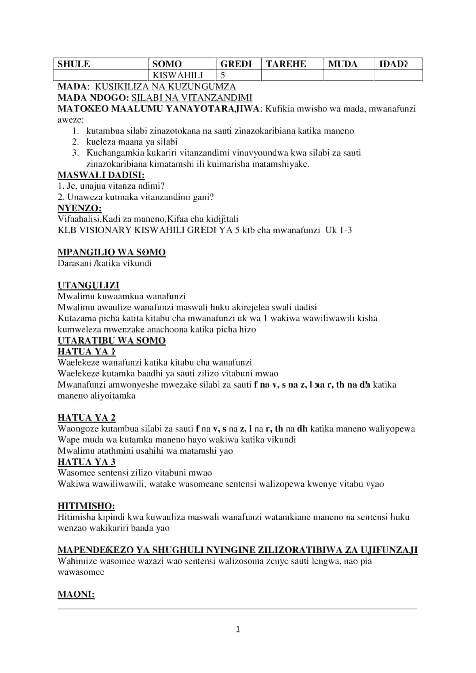 Grade 5 Kiswahili Lesson Plans Term 1, 2 and 3 -KLB visionary