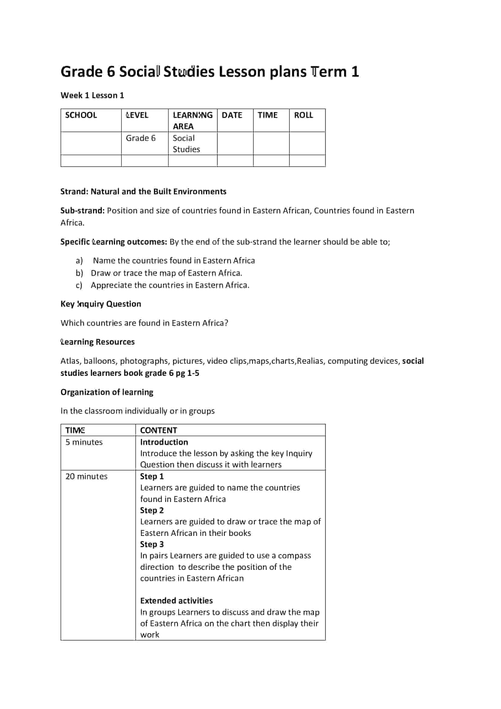 Grade 6 Social Studies Lesson Plans Term 1