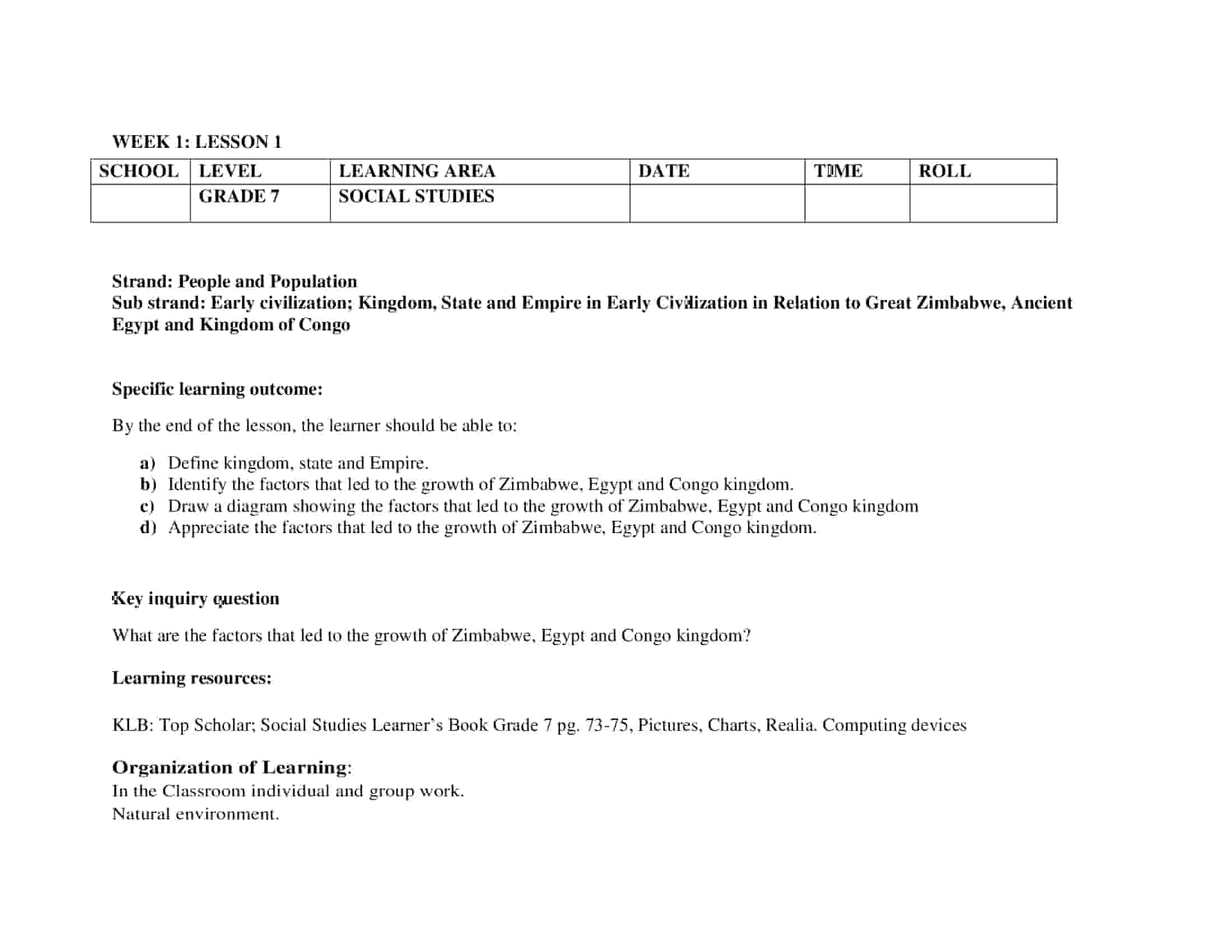 Grade 7 Social Studies Lesson Plans Term 3