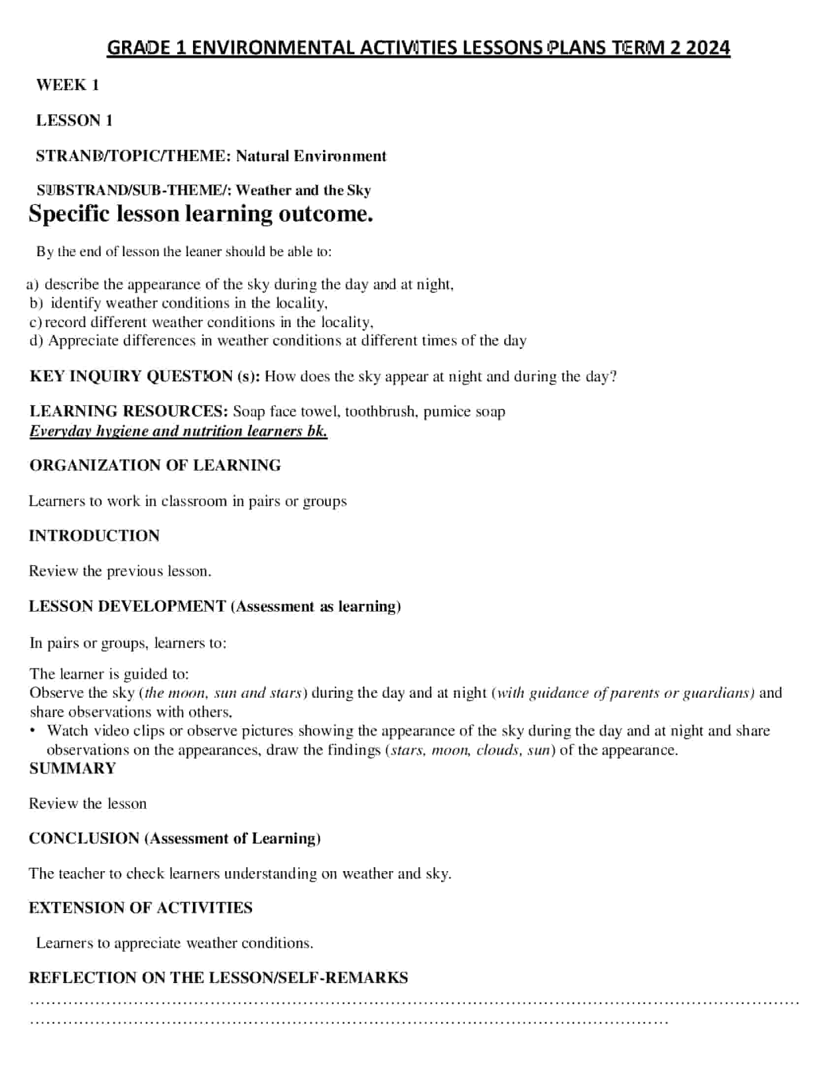 Grade 1 Environmental Activities Lesson Plans Term 2
