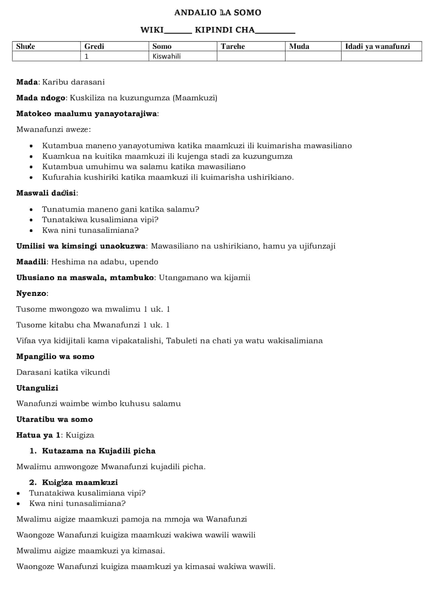 Grade 1 Kiswahili Lesson Plans Term 1
