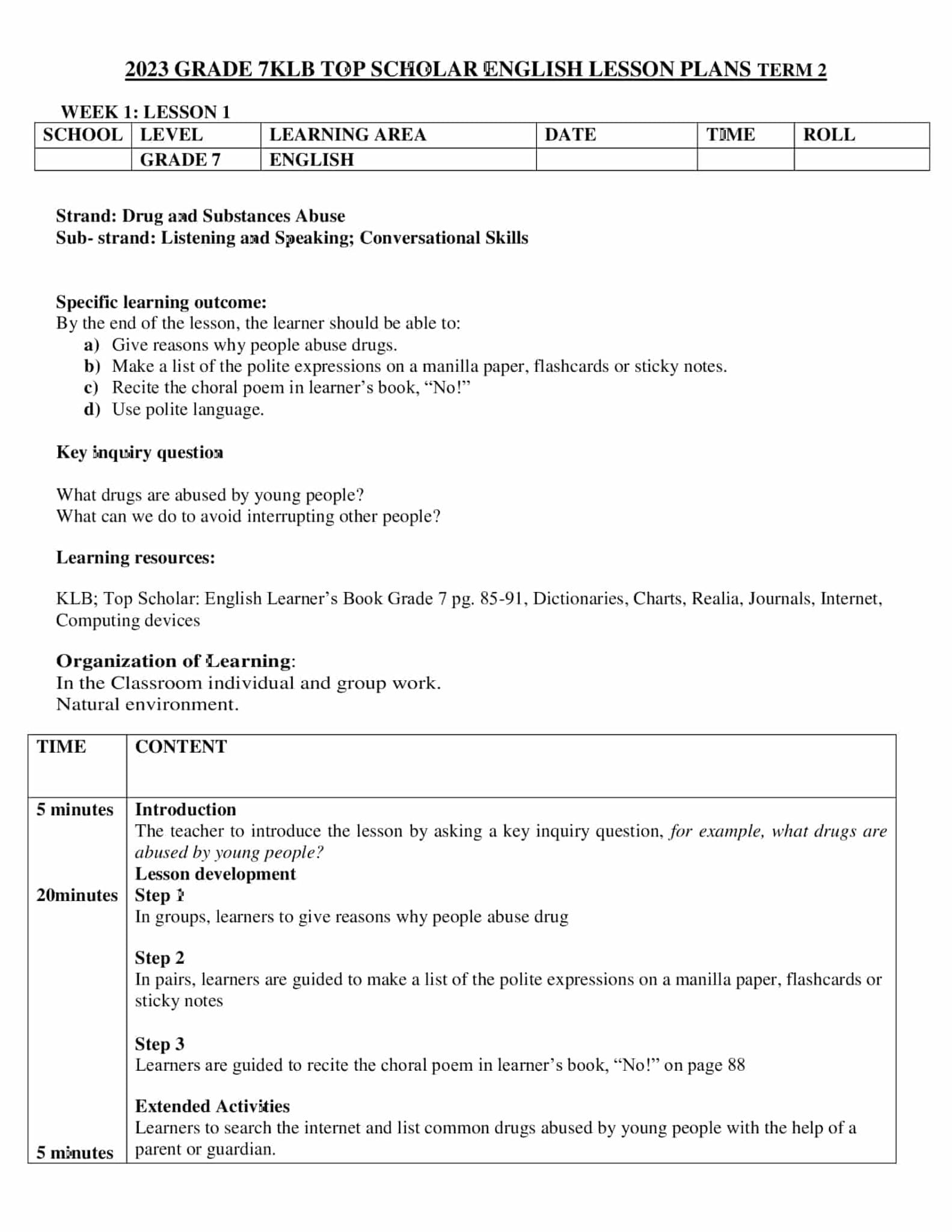 Grade 7 English Lesson Plans Term 2 - Elimplex