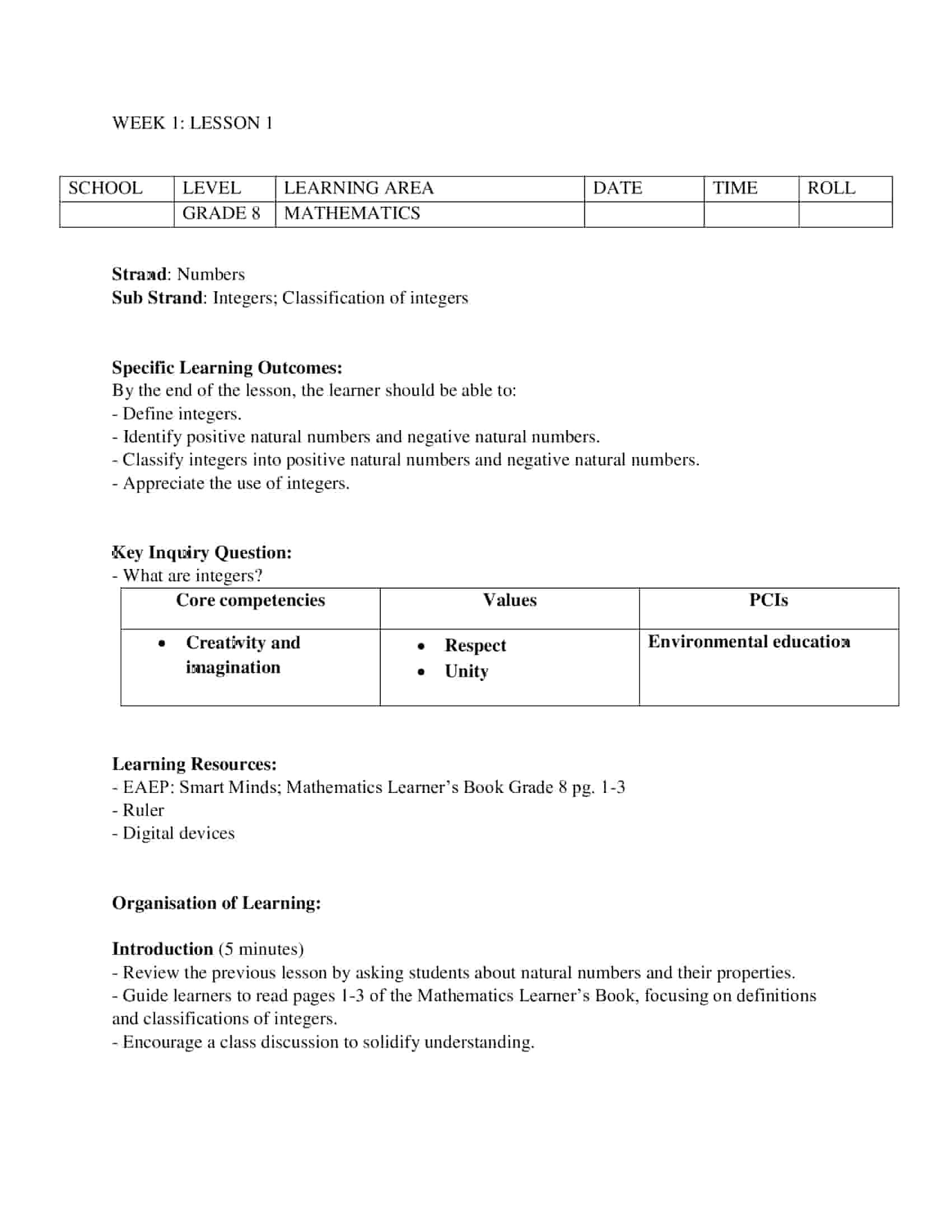 Grade 8 Rationalized Mathematics Lesson Plans Term 1