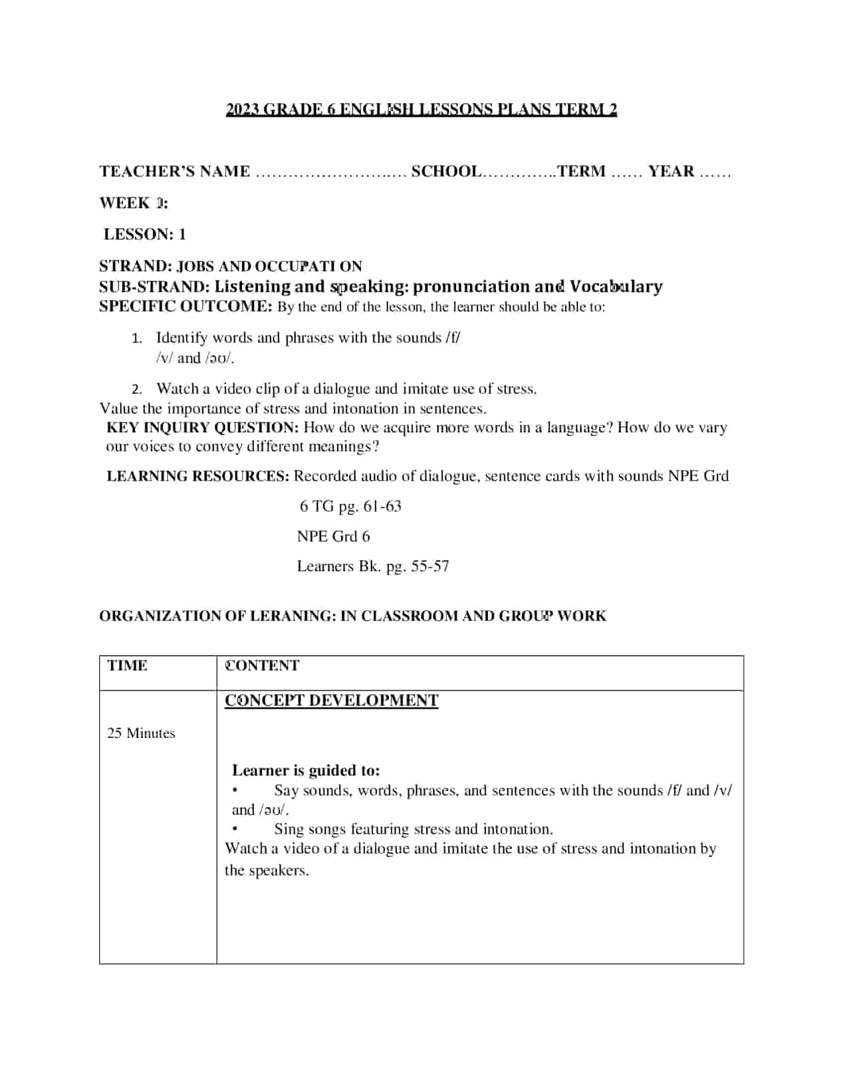 Grade 6 Rationalized English Lesson Plans Term 2