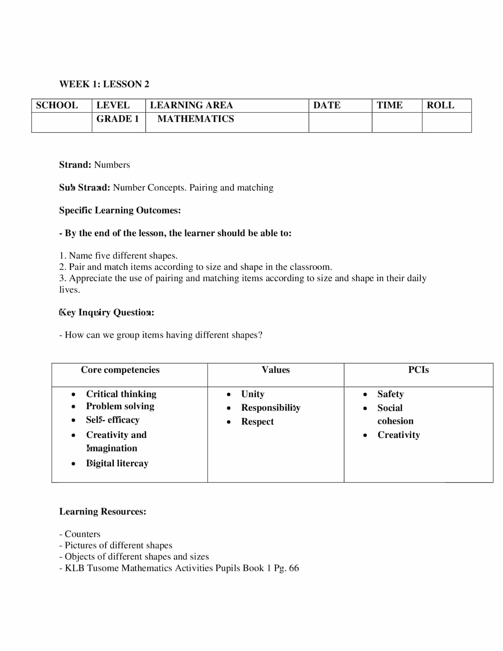 Grade 1 Rationalised Mathematics Lesson Plans Term 2 - Elimuplex
