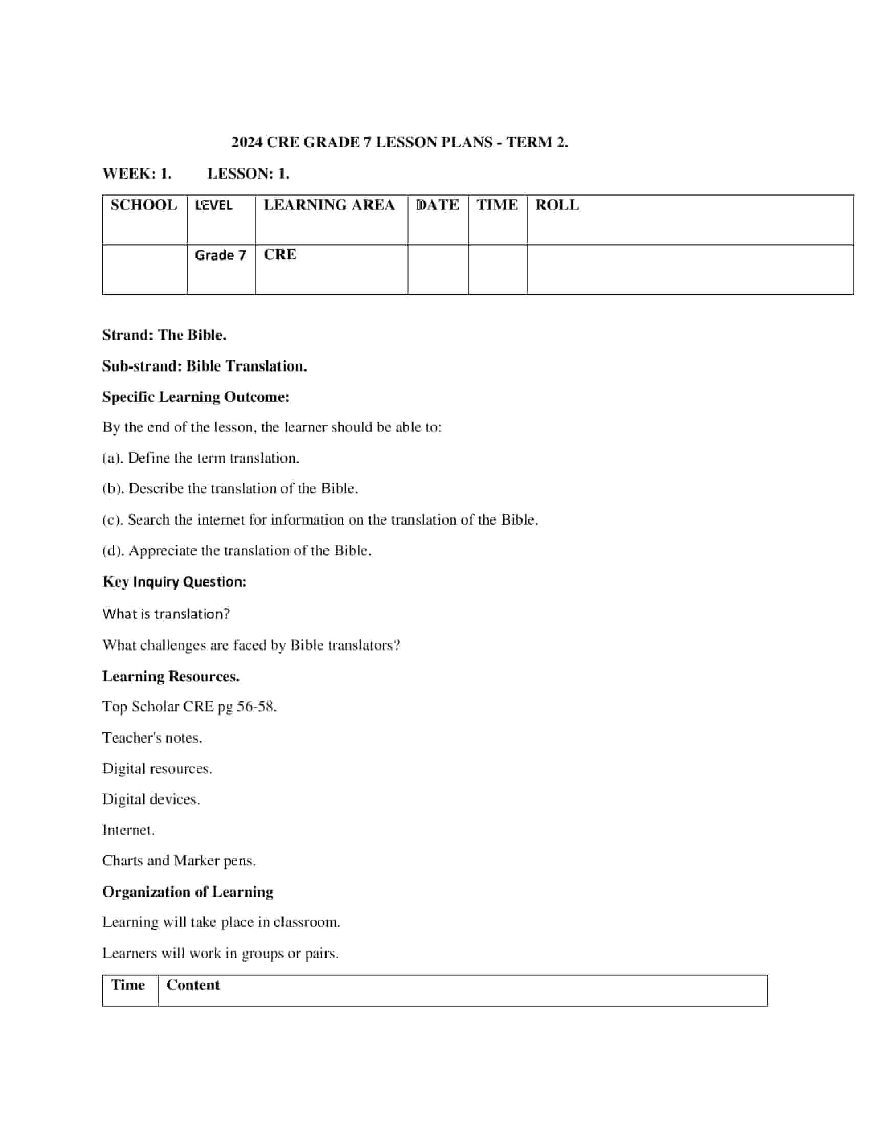 Grade 7 CRE Leson Plans Term 2