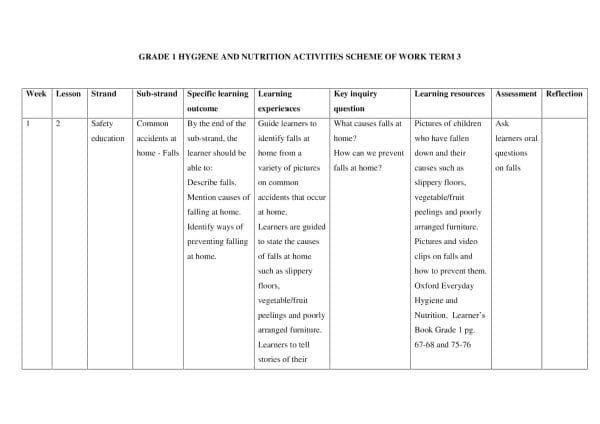 Grade 1 Hygiene and Nutrition activities scheme of work term 3 - Elimplex