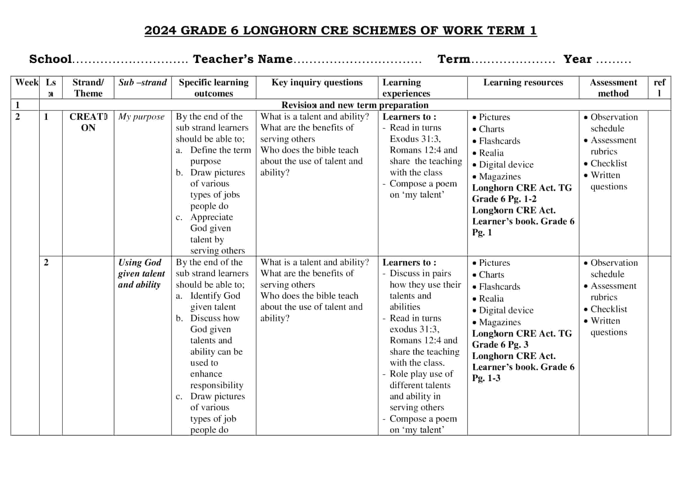Grade 6 Longhorn CRE Schemes of Work Term 1
