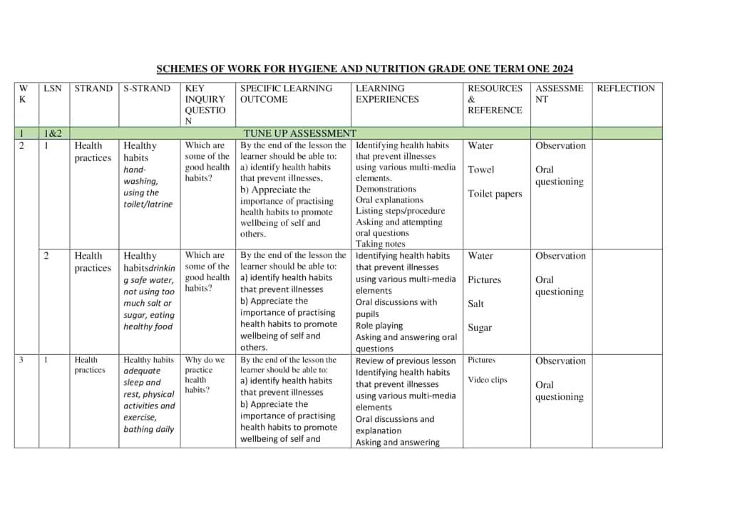Grade 1 Hygiene and Nutrition activities scheme of work term 1 - Elimplex