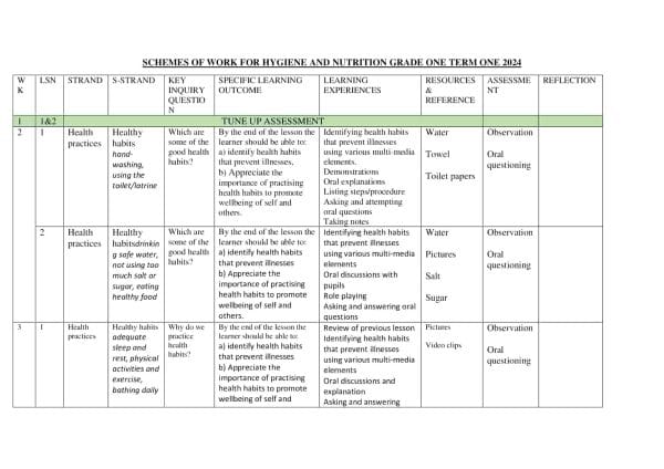 Grade 1 Hygiene and Nutrition activities scheme of work term 1 - Elimplex