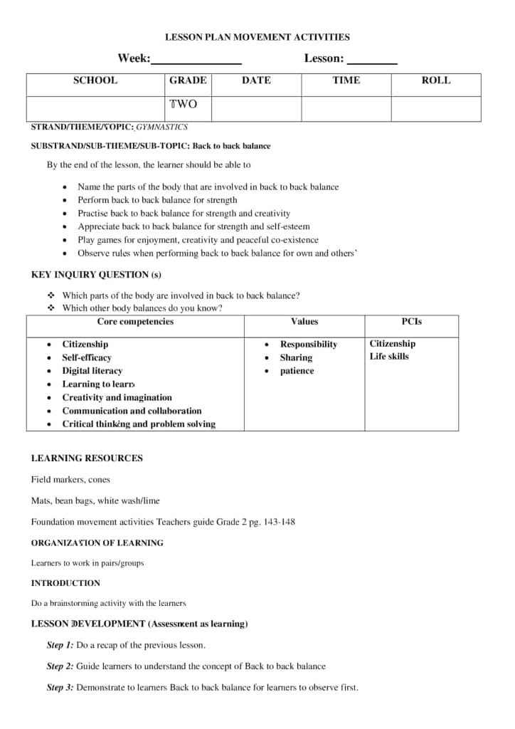 Grade 2 Movement Activities Lesson Plans Term 3 - Elimplex