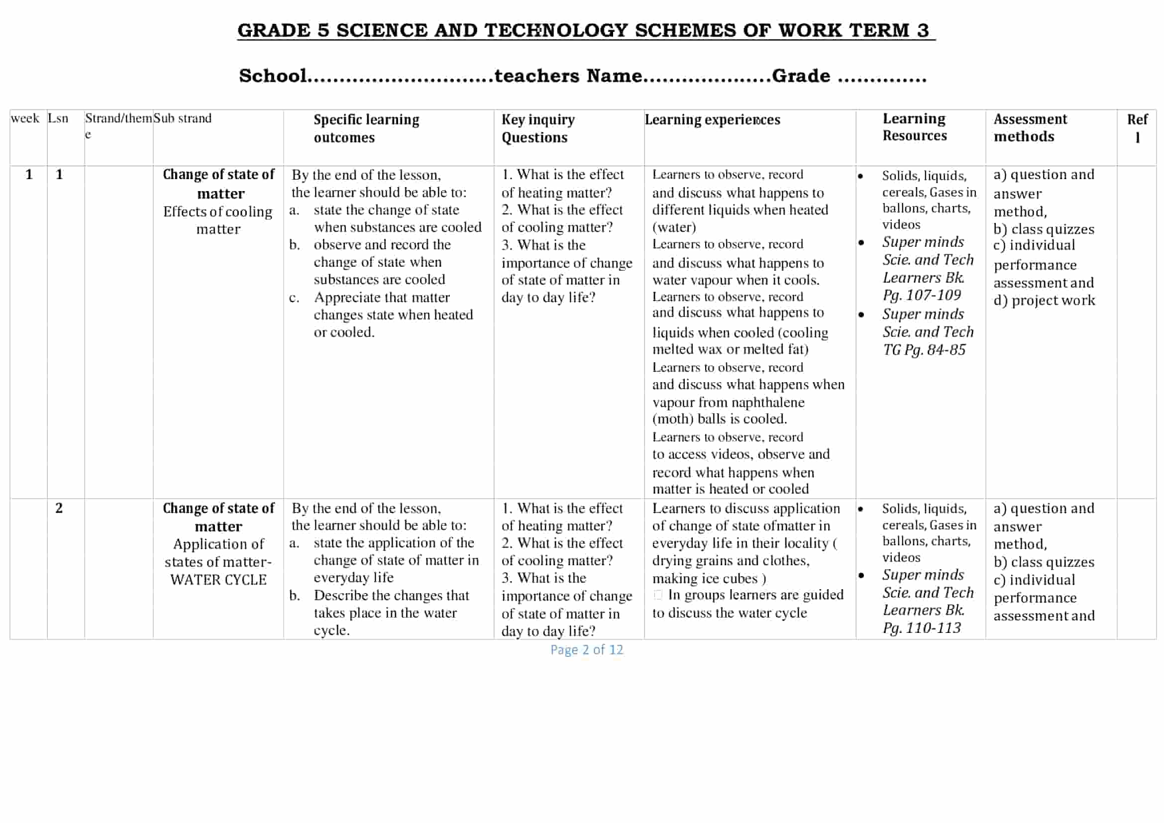 Grade 5 Science and Technology Schemes of Work Term 3 -Superminds