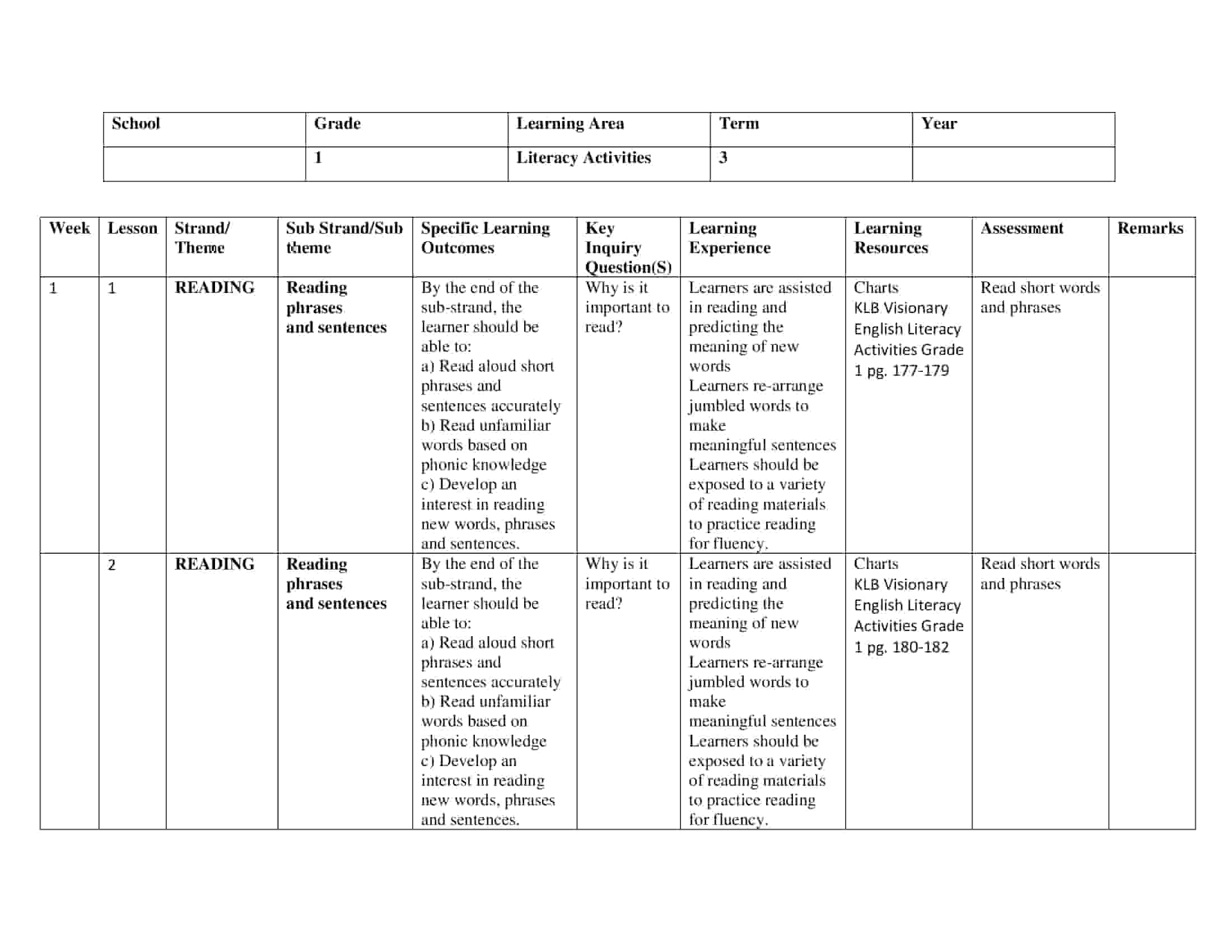 Grade 1 English Literacy Schemes of Work Term 3- KLB Visionary - Elimplex