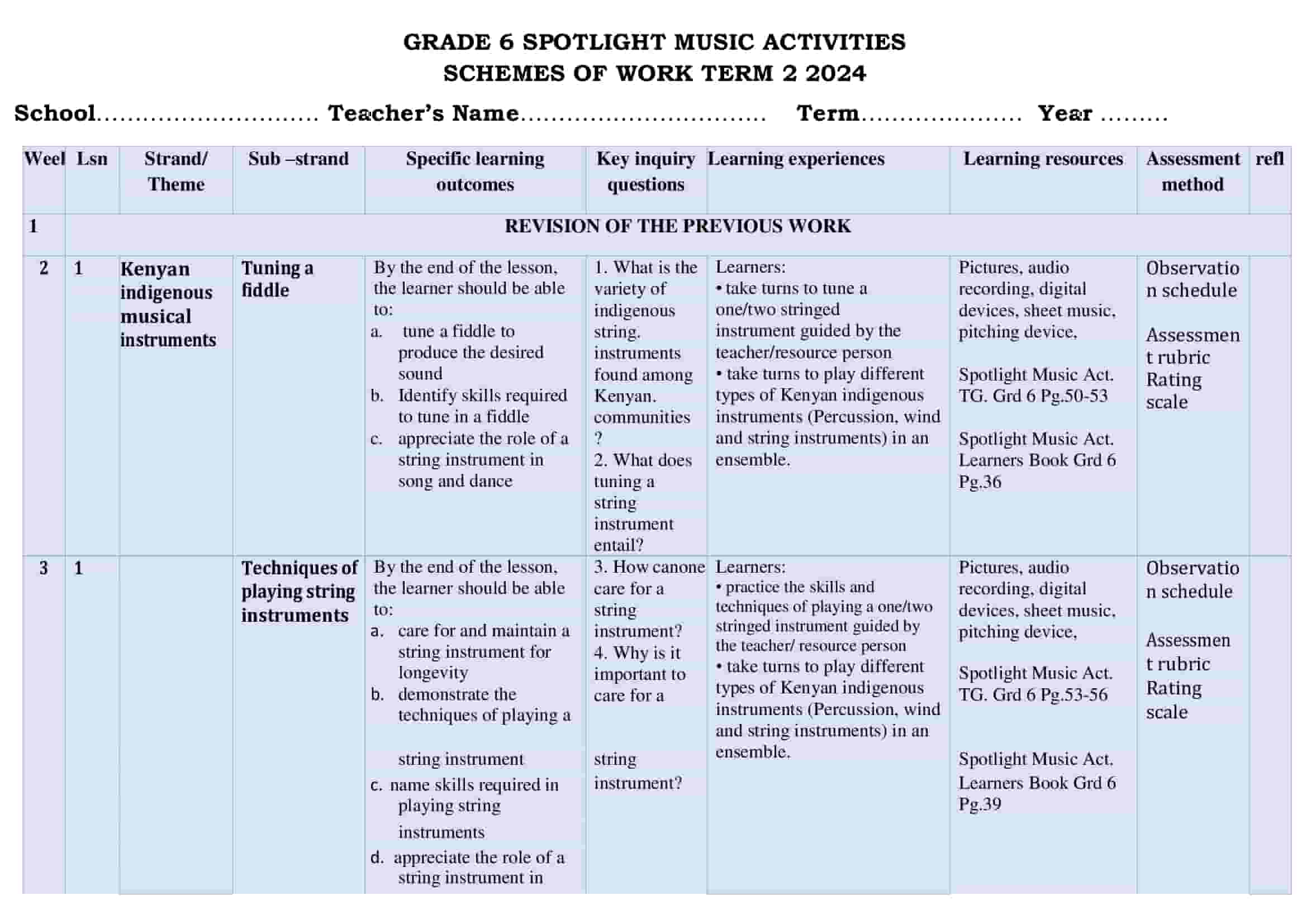 Grade 6 Music Schemes of Work Term 2 -Spotlight