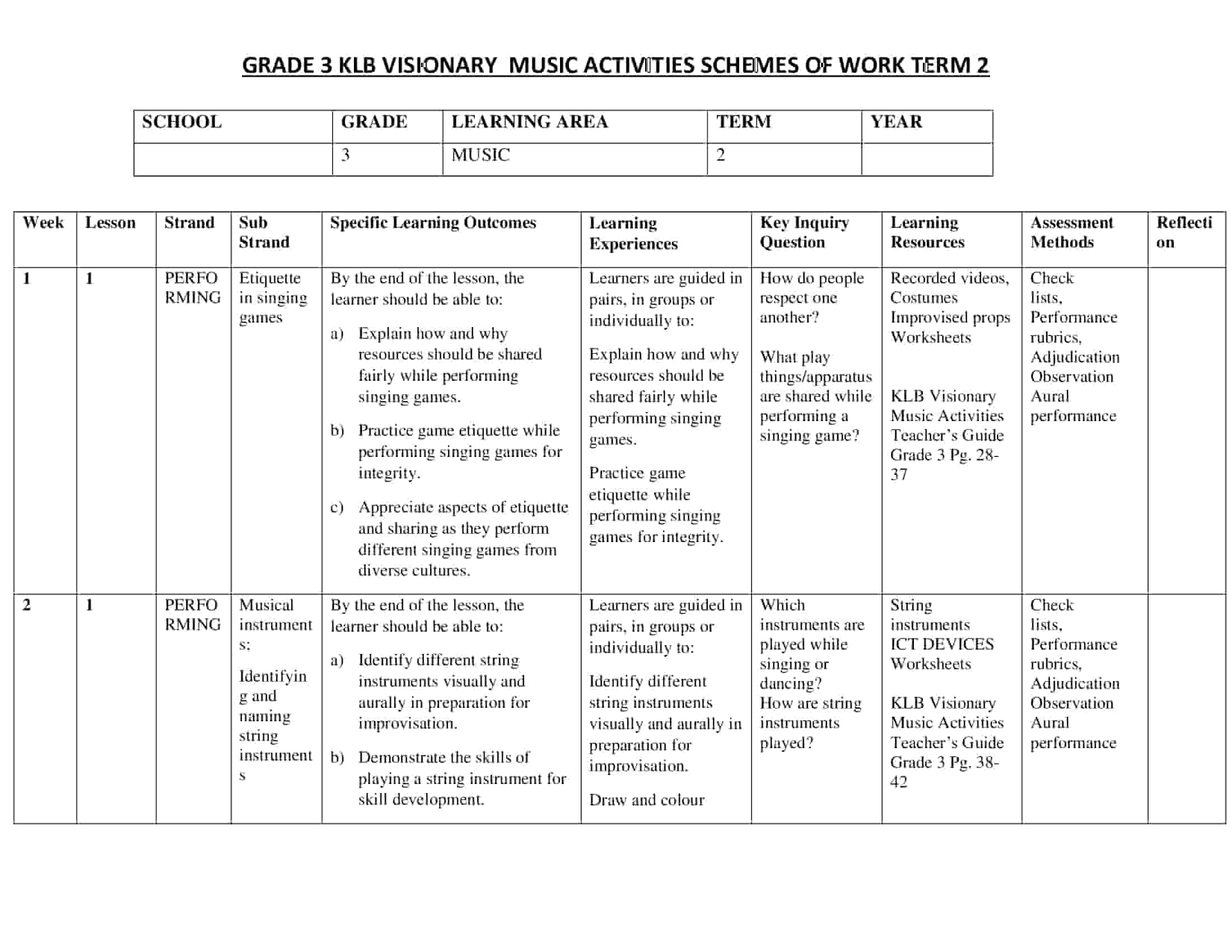 Grade 3 Music Activities Schemes of Work Term 2 -KLB Visionary
