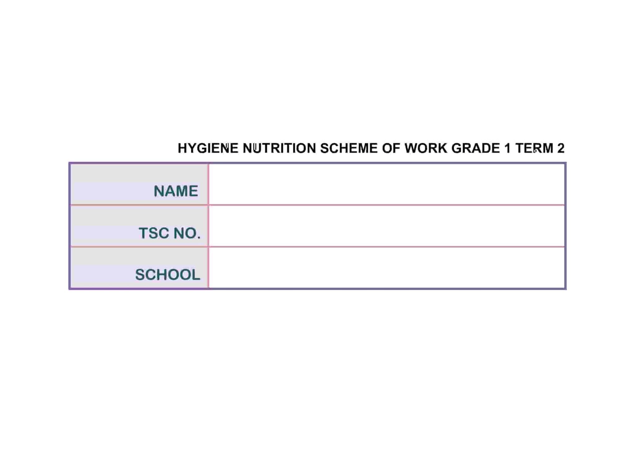 Grade 1 Hygiene and Nutrition schemes of work term 2 - Elimplex