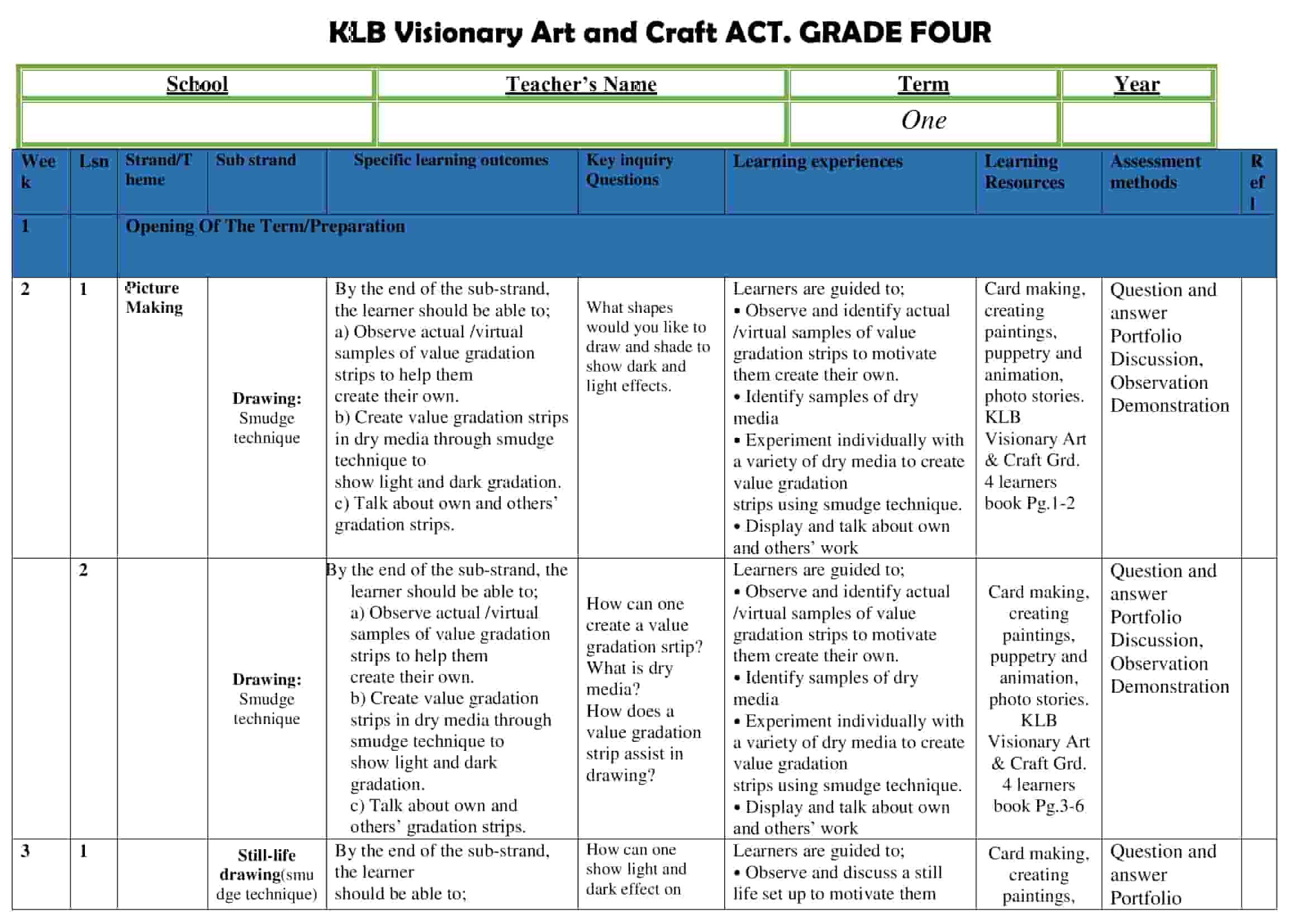 Grade 4 KLB Visionary Art and Craft CBC Schemes of Work Term 1