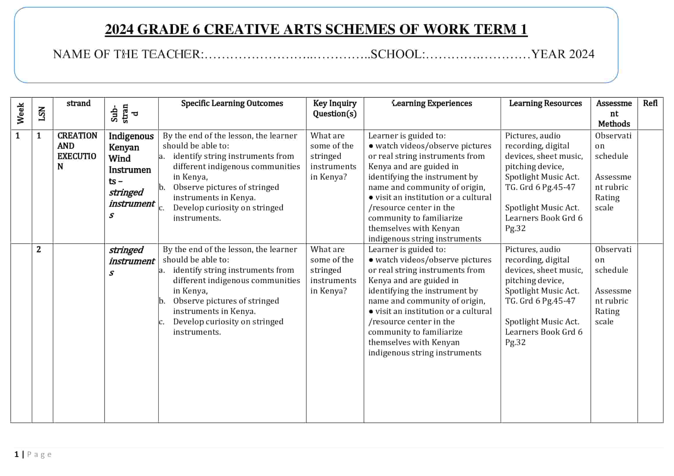 Grade 6 Creative Arts Schemes of Work Term 1 -Spotlight