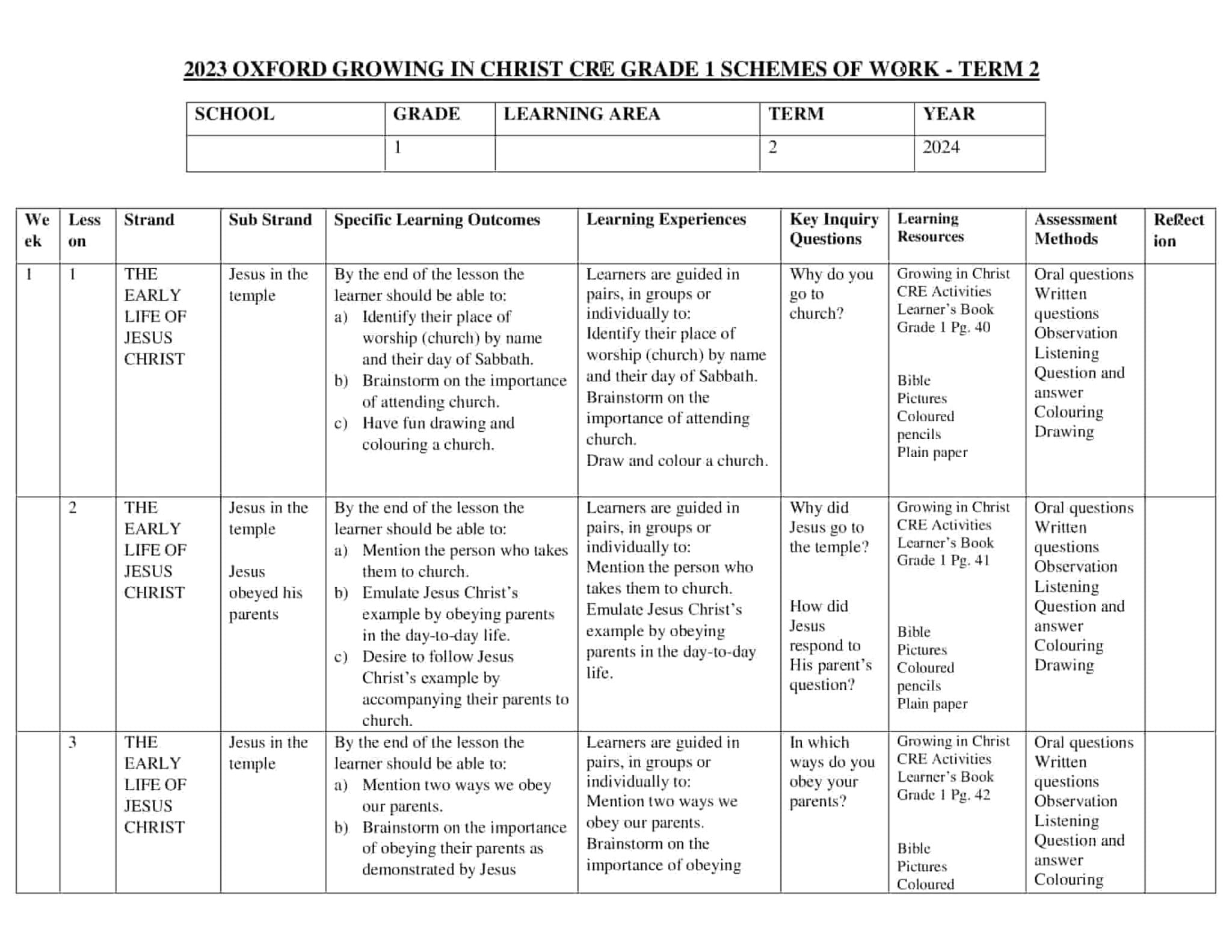 Grade 1 Growing in Christ CRE Schemes of Work Term 2 - Elimplex