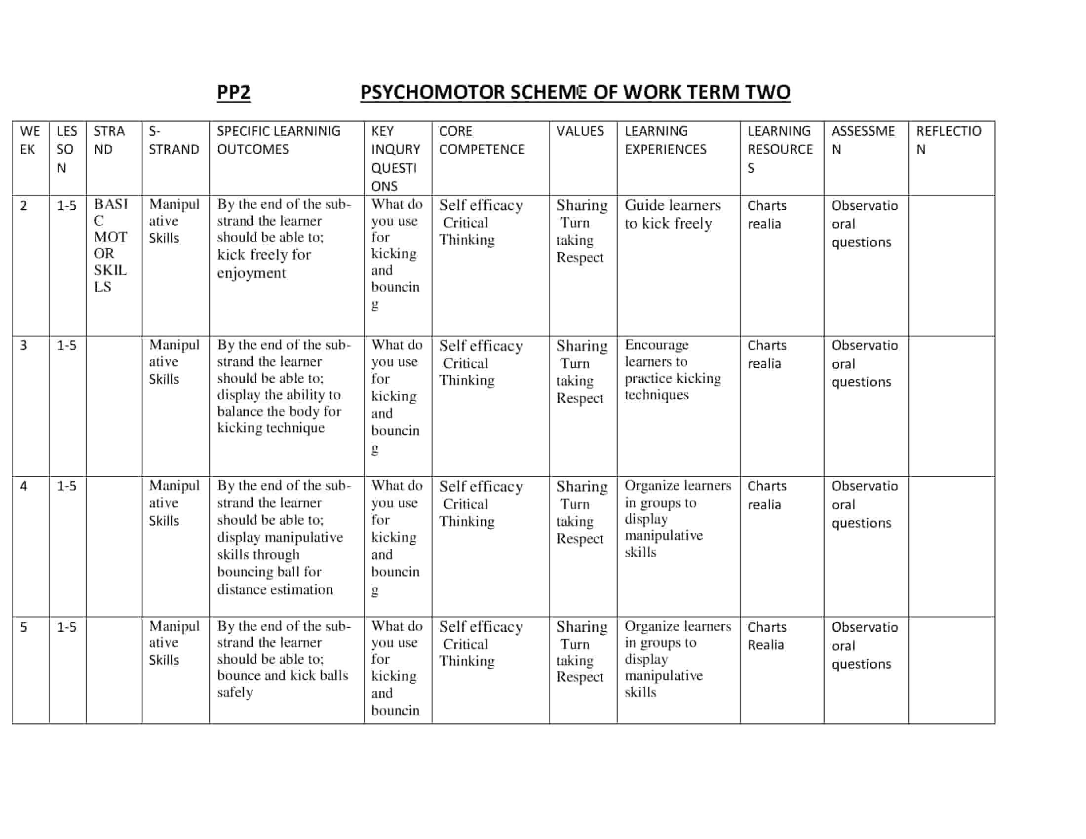 PP2 Psychomotor Activities Scheme of Work Term 2