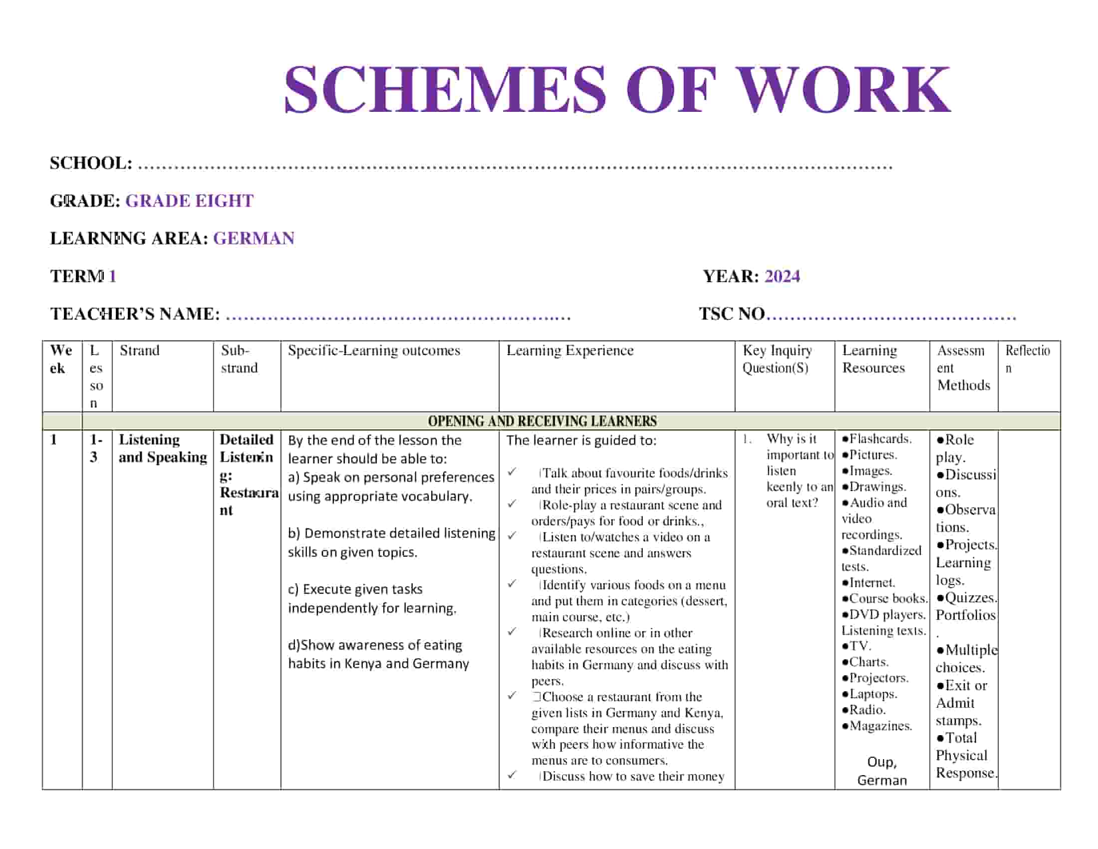 Grade 8 German Schemes of Work Term 1