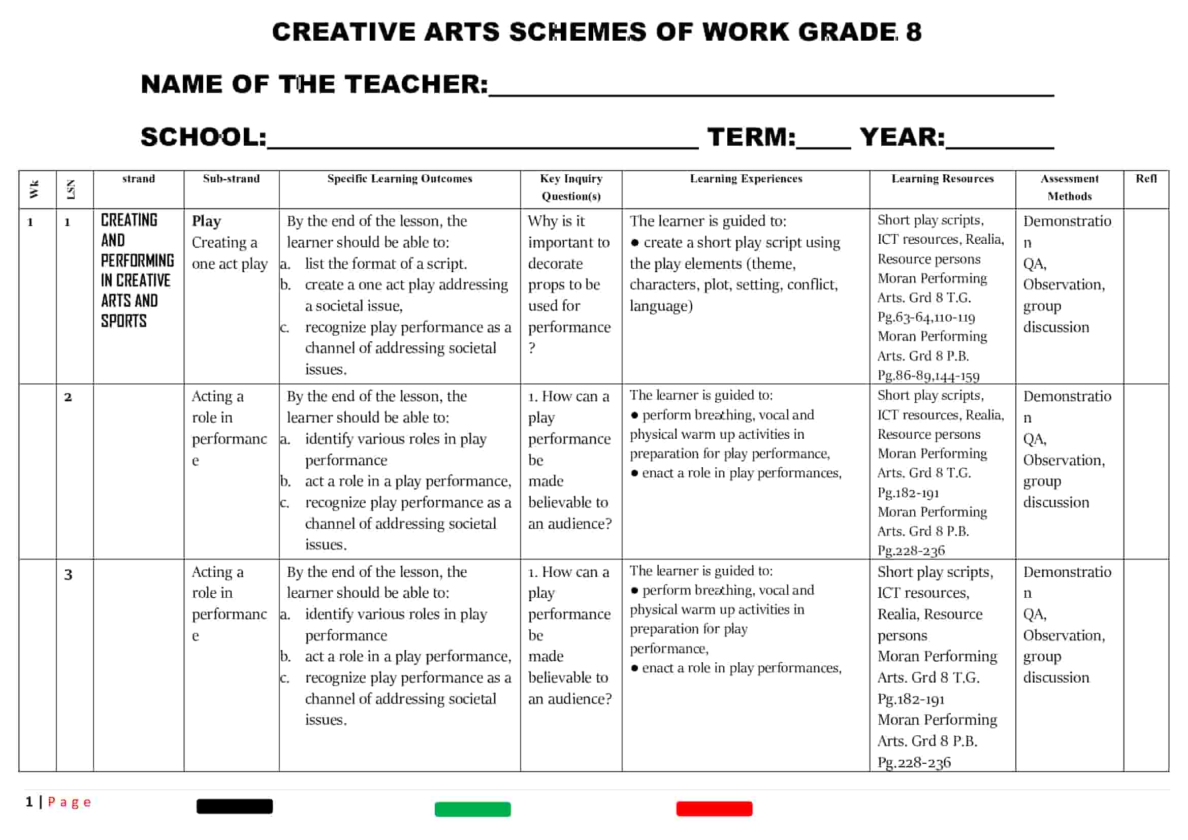 Grade 8 Creative arts schemes of work term 3 -Moran